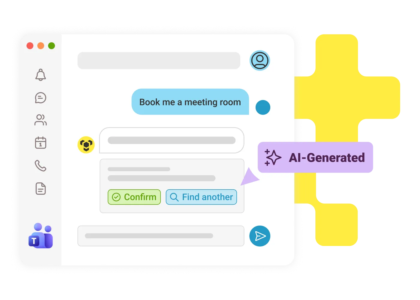 Chat conversation booking a meeting room by natural language, with an AI-generated suggestion and confirm and find-another buttons.