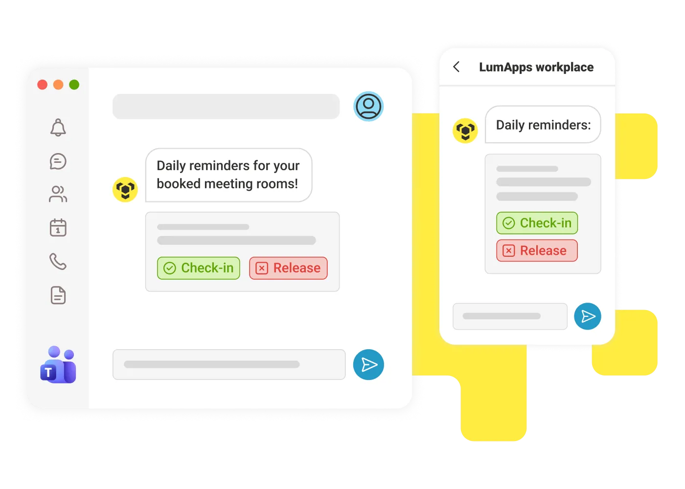 Chat app showing daily meeting-room reminders with check-in and release buttons on desktop and mobile.