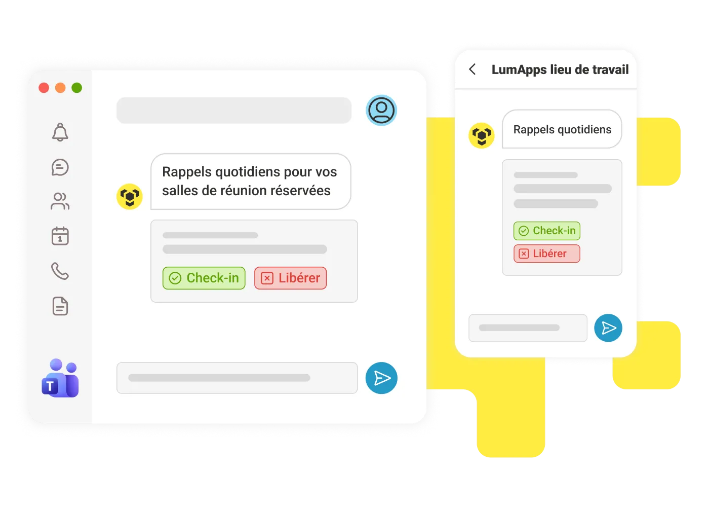 Chat app showing daily meeting-room reminders with check-in and release buttons on desktop and mobile.