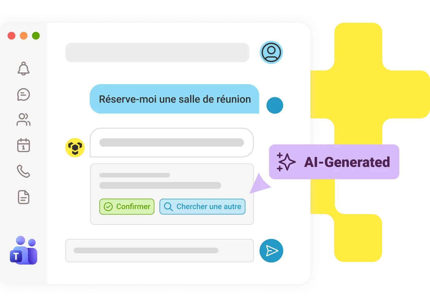 Chat conversation booking a meeting room by natural language, with an AI-generated suggestion and confirm and find-another buttons.