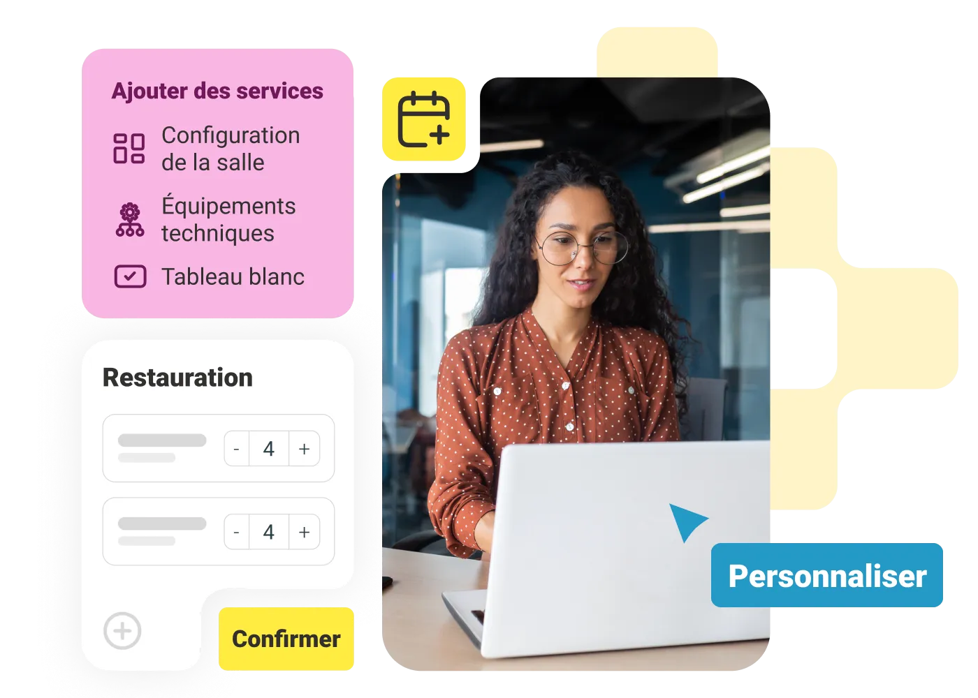 Woman at a laptop with an add-room-services panel for layout, tech add-ons and whiteboard, plus a catering request card.