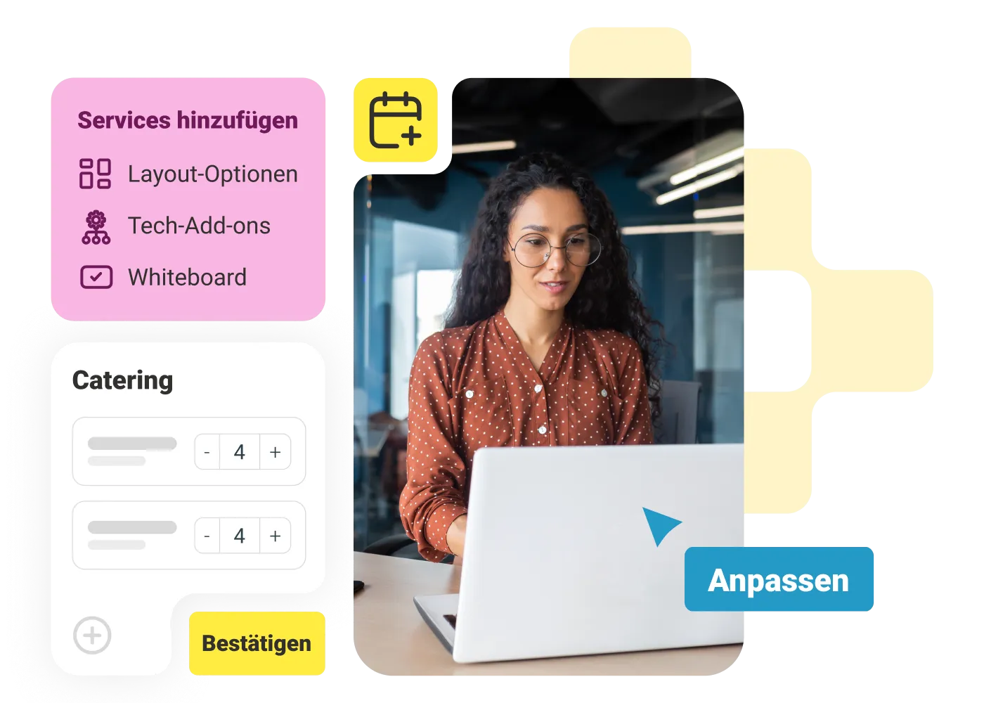 Woman at a laptop with an add-room-services panel for layout, tech add-ons and whiteboard, plus a catering request card.