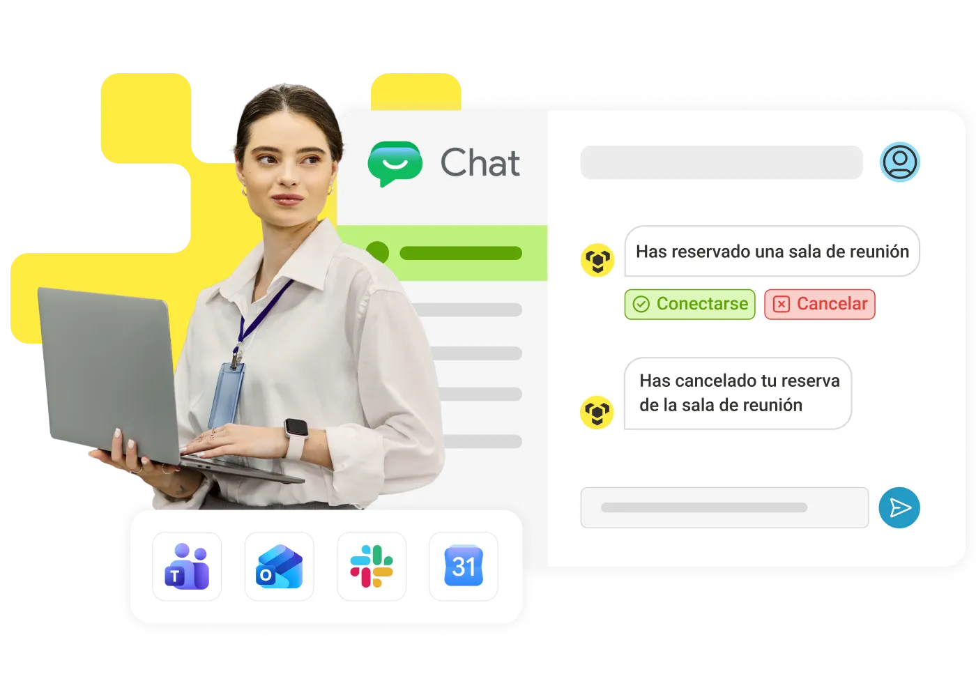 Woman with a laptop beside a chat app booking a meeting room, with check-in and release buttons and Teams, Outlook, Slack and Calendar integration icons.