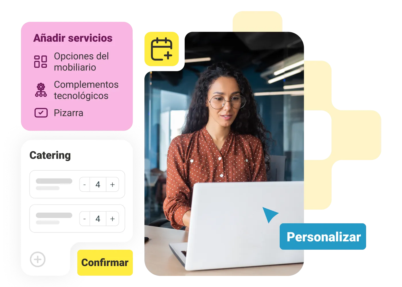 Woman at a laptop with an add-room-services panel for layout, tech add-ons and whiteboard, plus a catering request card.
