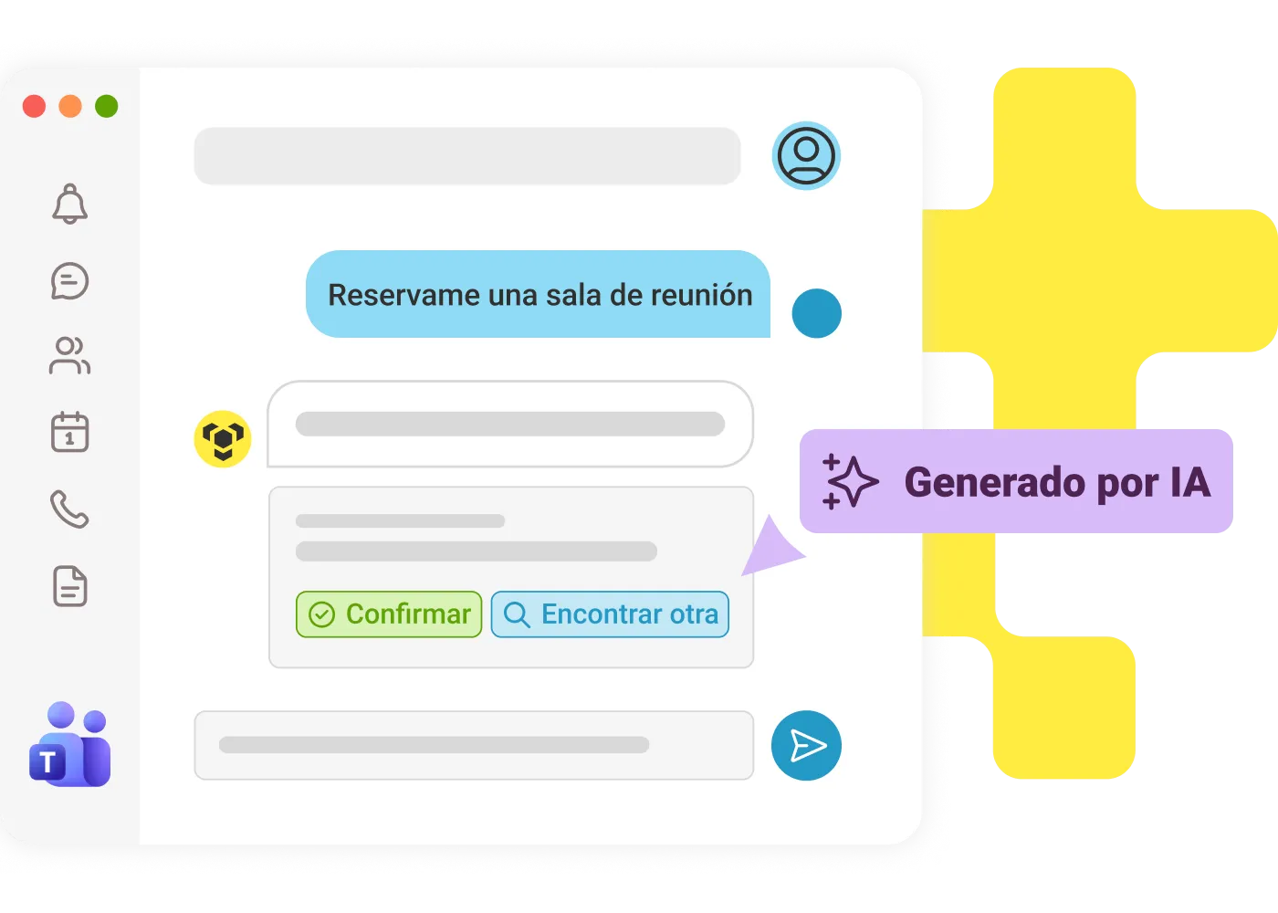 Chat conversation booking a meeting room by natural language, with an AI-generated suggestion and confirm and find-another buttons.