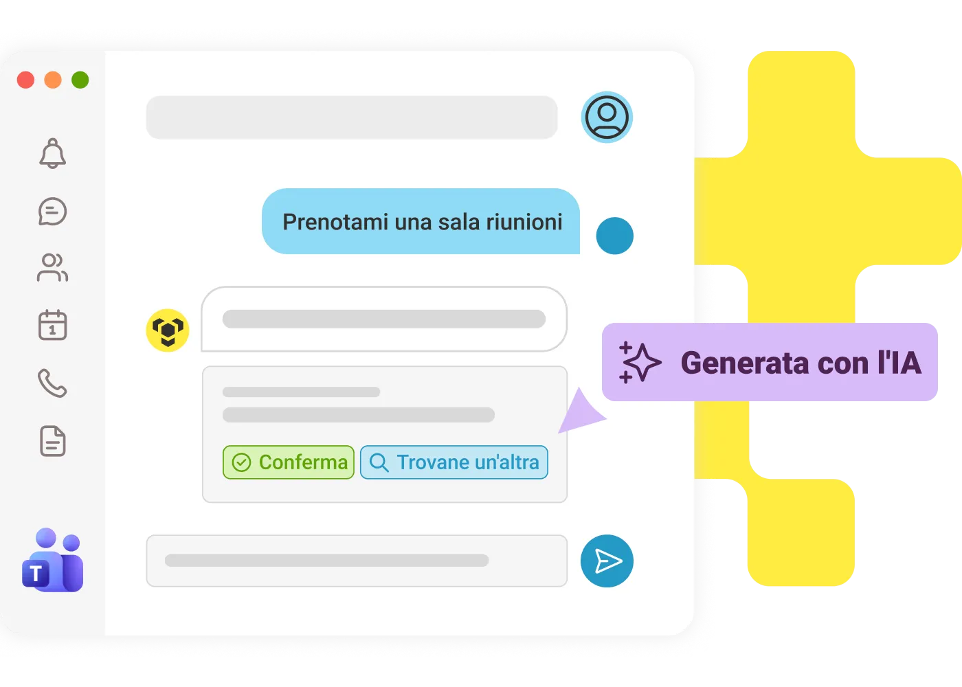 Chat conversation booking a meeting room by natural language, with an AI-generated suggestion and confirm and find-another buttons.