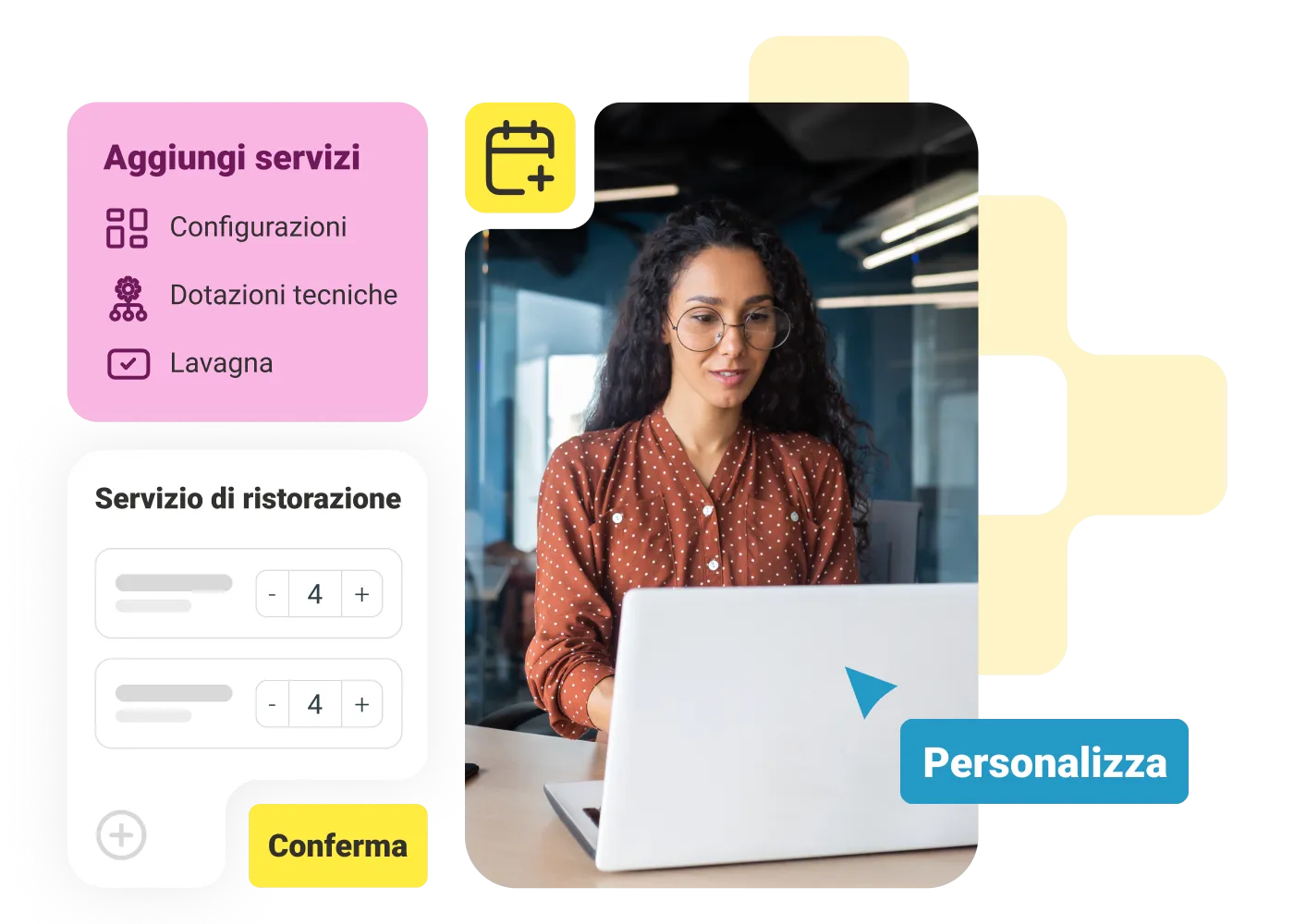 Woman at a laptop with an add-room-services panel for layout, tech add-ons and whiteboard, plus a catering request card.