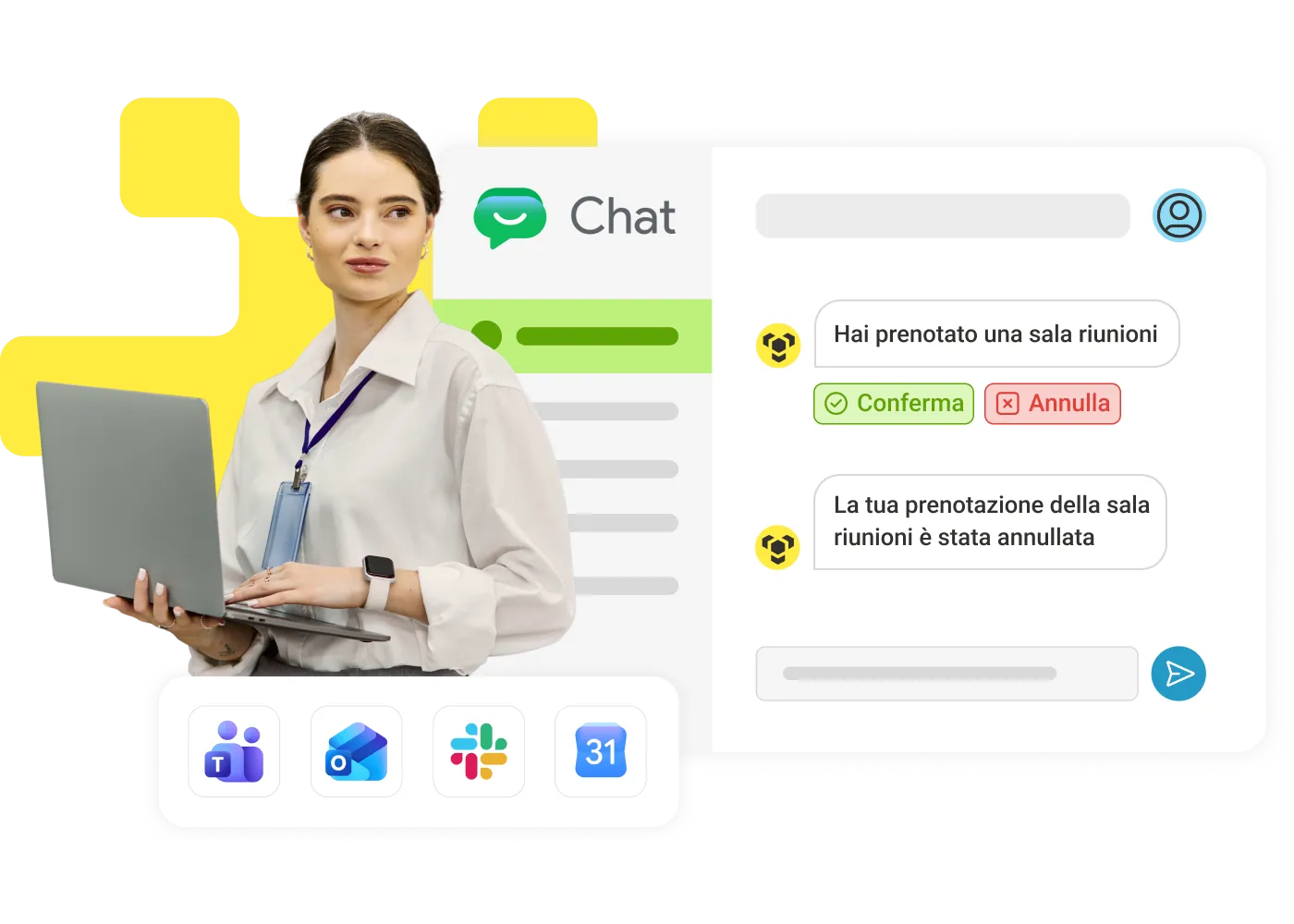 Woman with a laptop beside a chat app booking a meeting room, with check-in and release buttons and Teams, Outlook, Slack and Calendar integration icons.