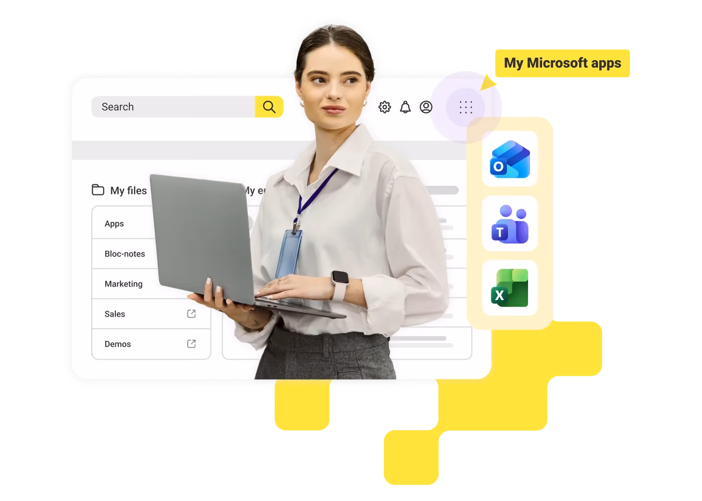 Woman holding laptop in front of a screen showing Microsoft app icons for Outlook, Teams, and Excel.