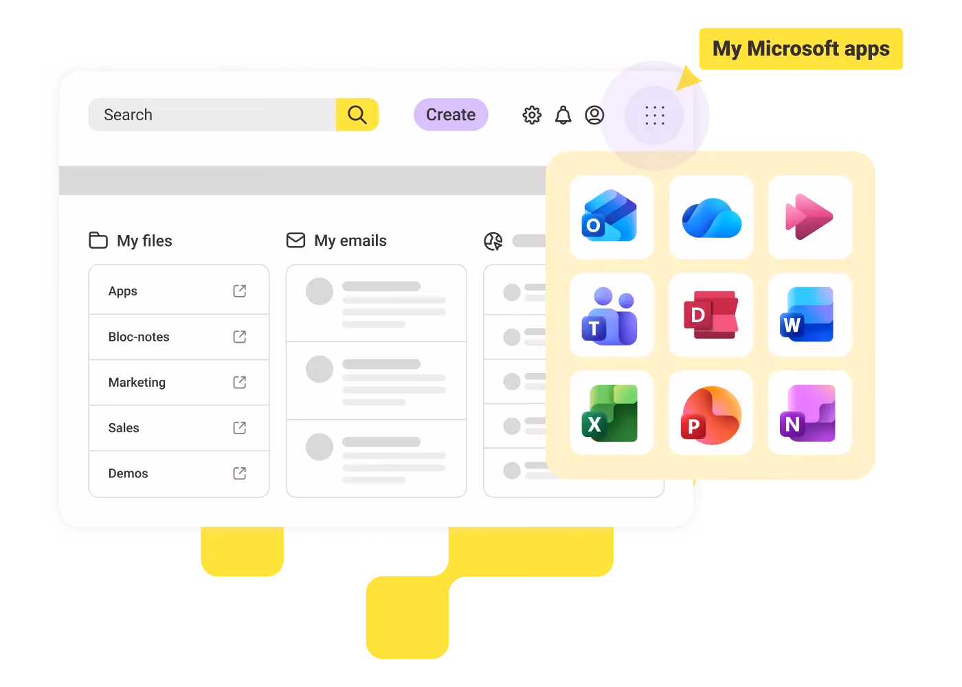 User interface showing files, emails, and a pop-up of Microsoft app icons under 'My Microsoft apps'.