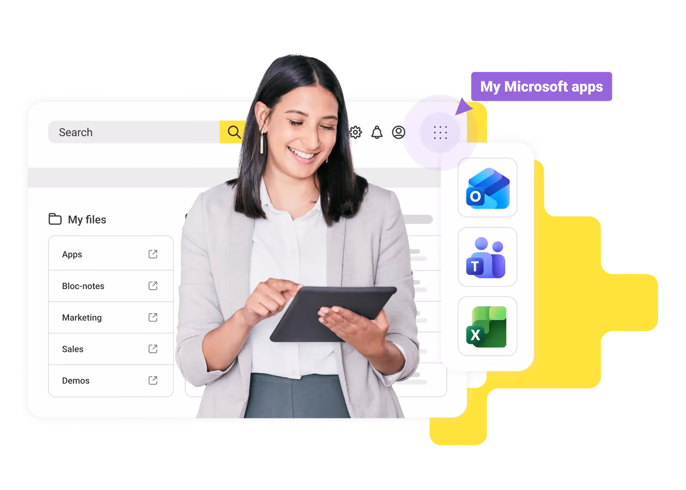 Woman using tablet with a screen showing Microsoft app icons for Outlook, Teams, and Excel.