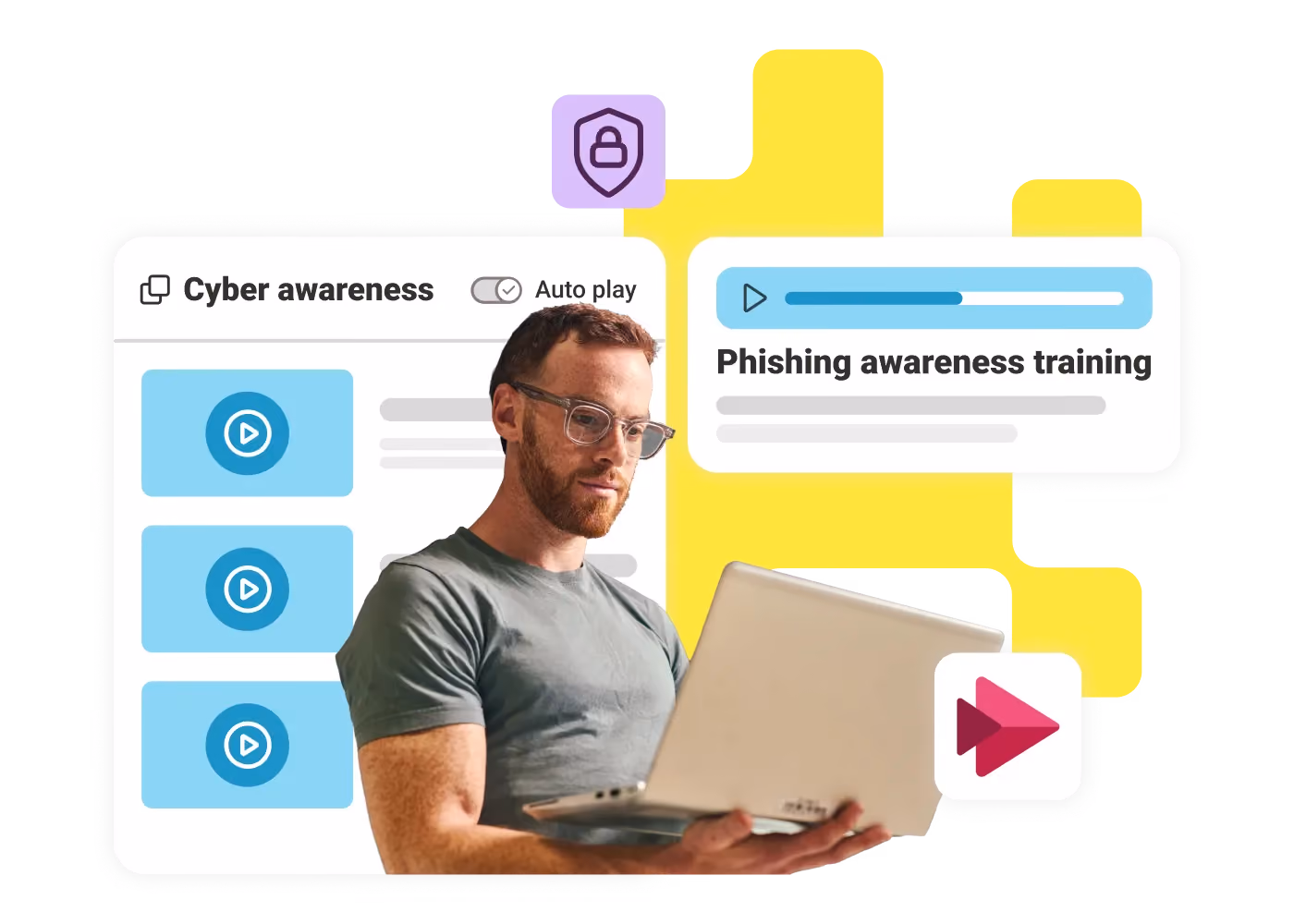 Man with glasses holding laptop with cyber awareness and phishing awareness training screens behind him.