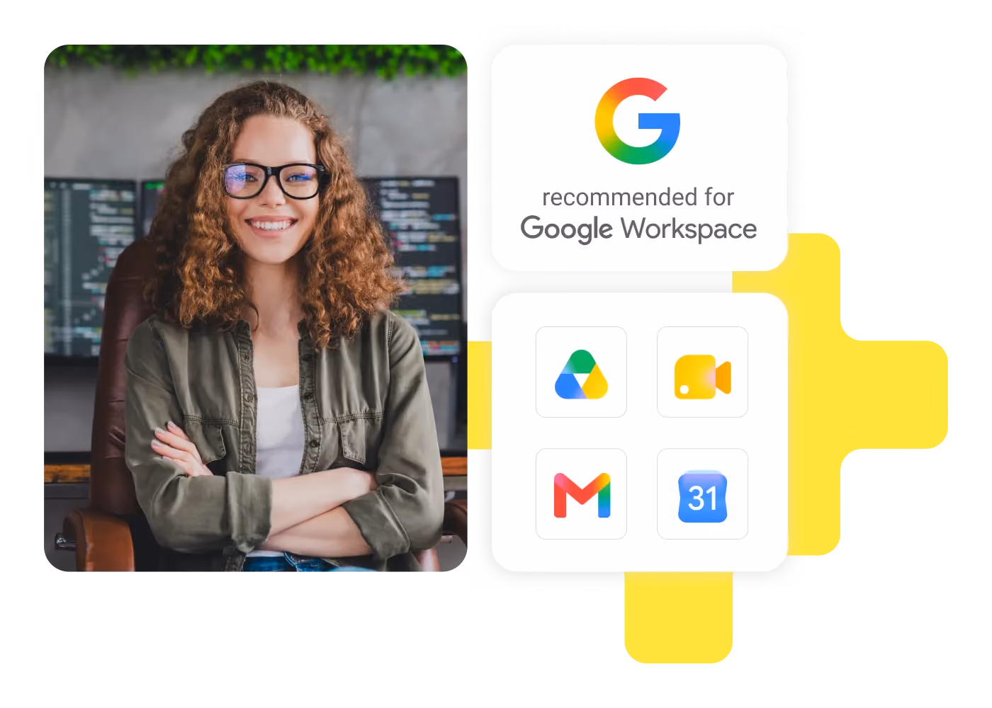 Smiling woman with glasses and curly hair sits with crossed arms next to Google Workspace app icons.