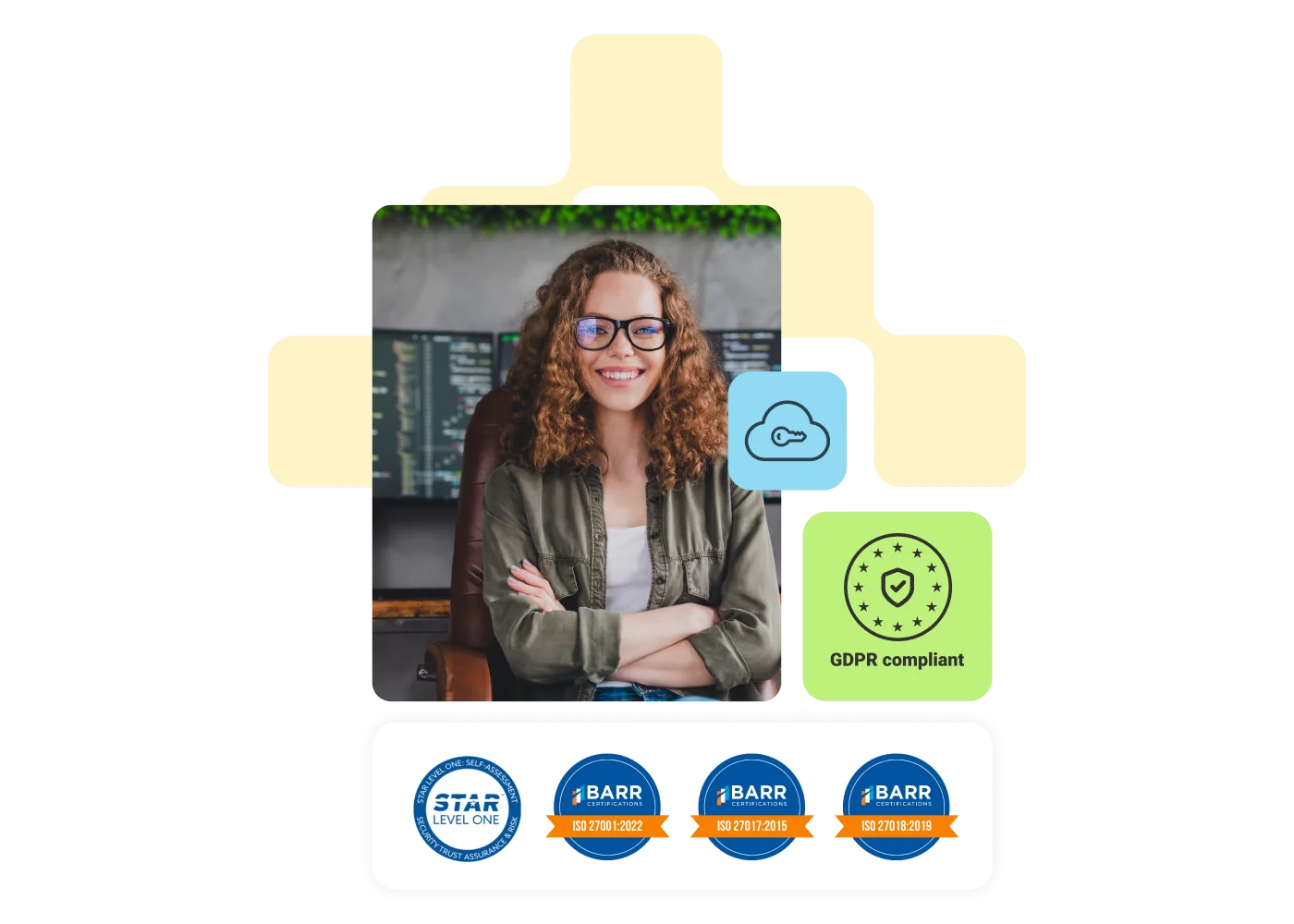 Smiling woman with glasses sits in office with security badges and GDPR compliant icon.