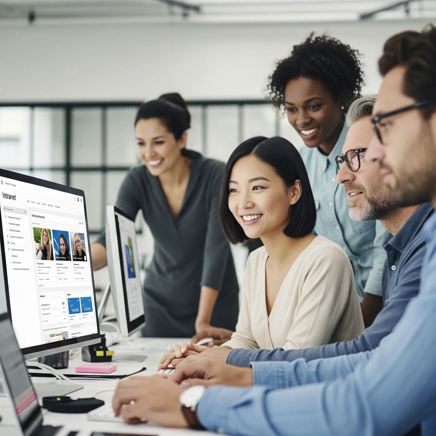 Group of four diverse coworkers smiling and collaborating around computer screens in an office.