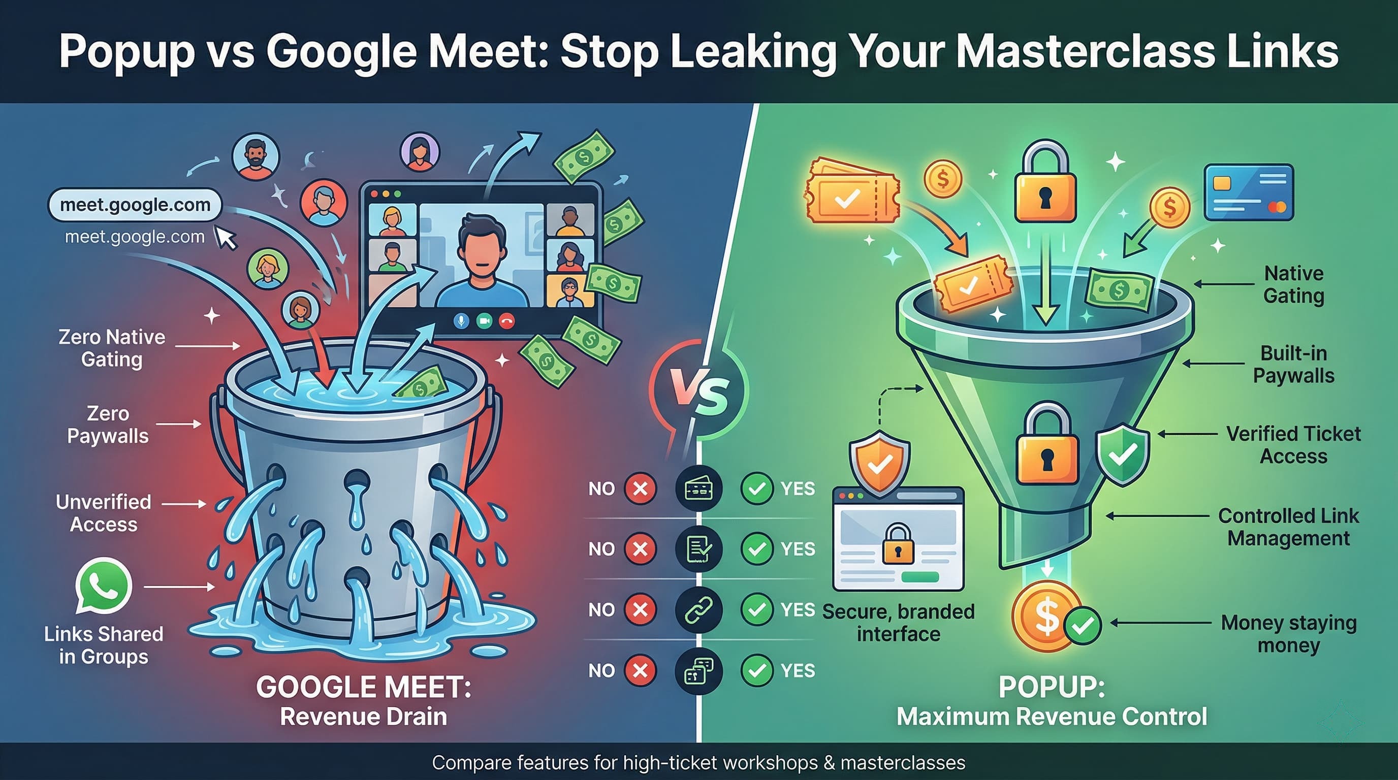 Google Meet vs Popup: leaky meeting links vs secure paid live access