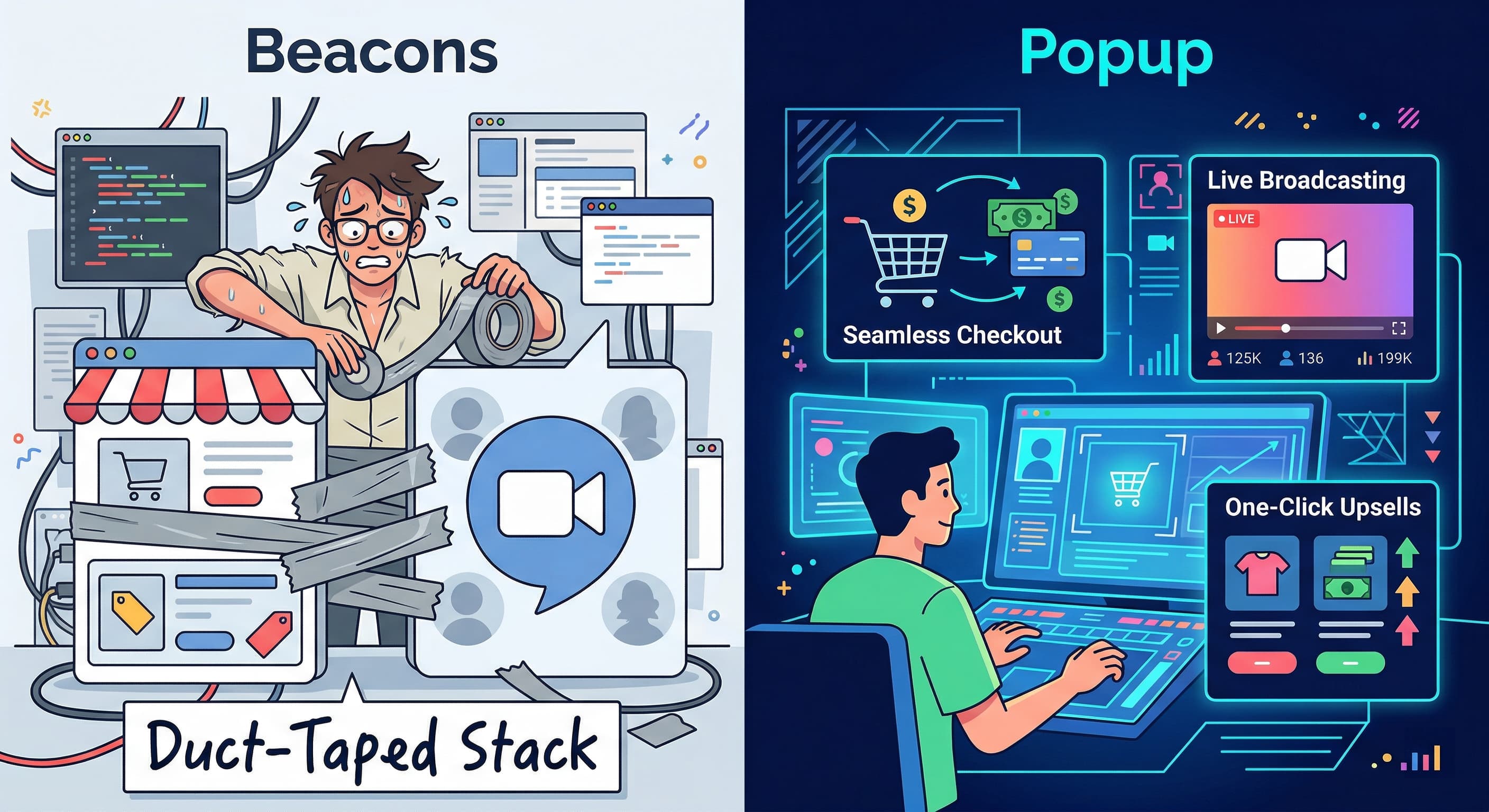 Beacons vs Popup: link-in-bio storefront compared for paid live events and replays