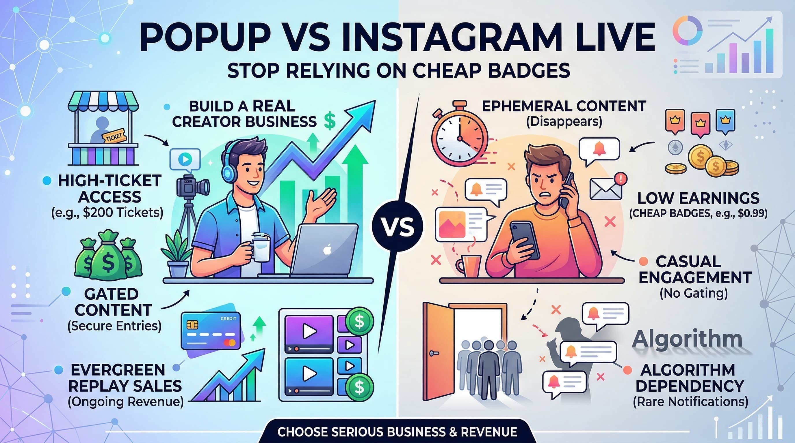 Instagram Live vs Popup: badges and ephemeral streams vs ticketed live events
