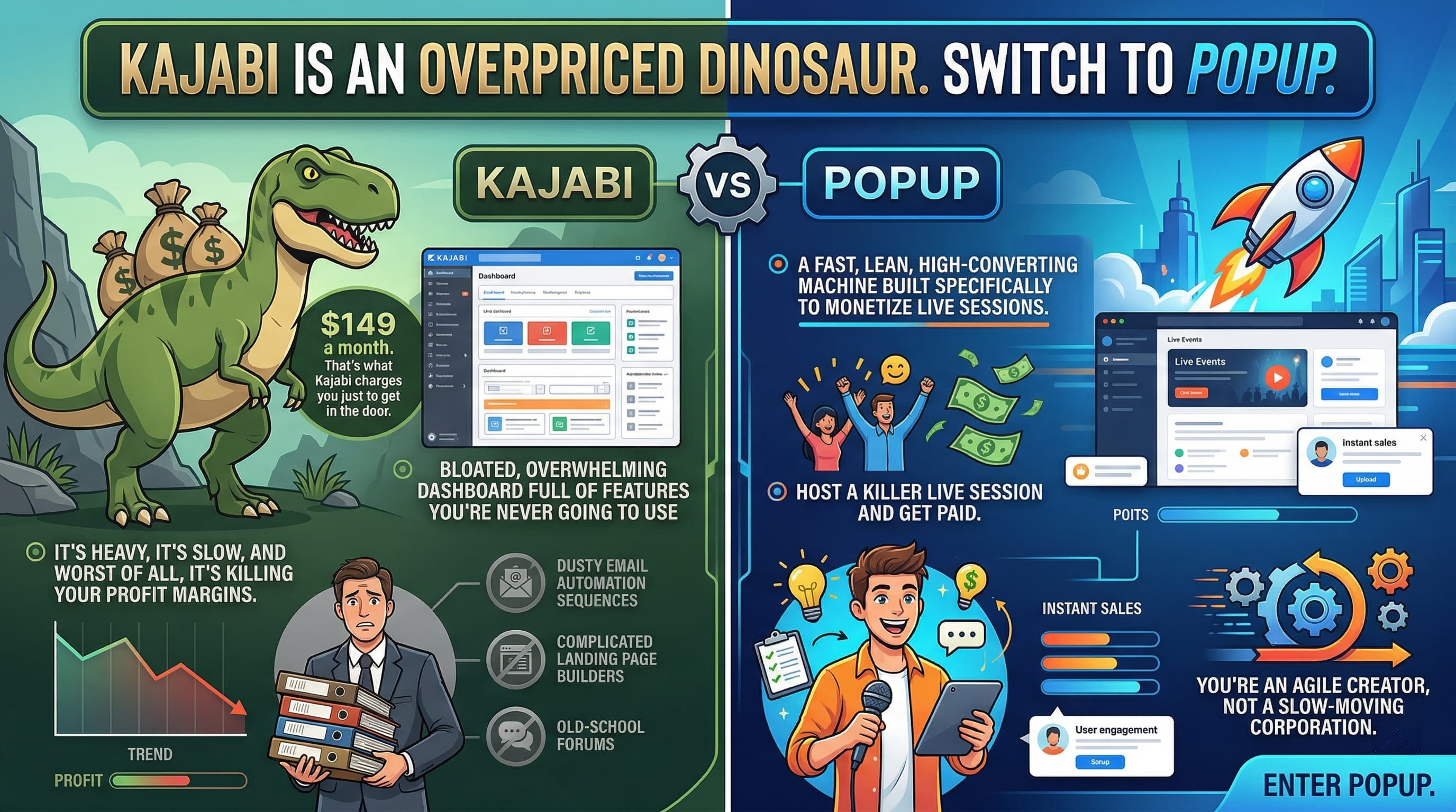 Kajabi vs Popup: monthly LMS cost vs lean live session checkout and hosting