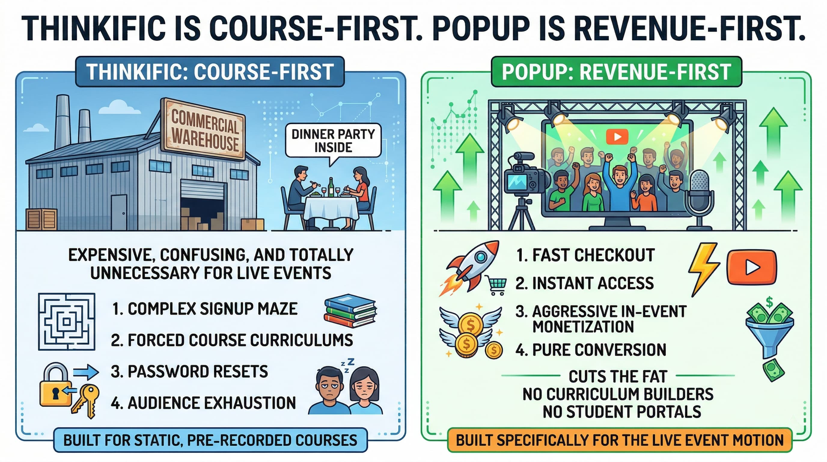 Thinkific vs Popup: course portals vs streamlined live masterclass monetization
