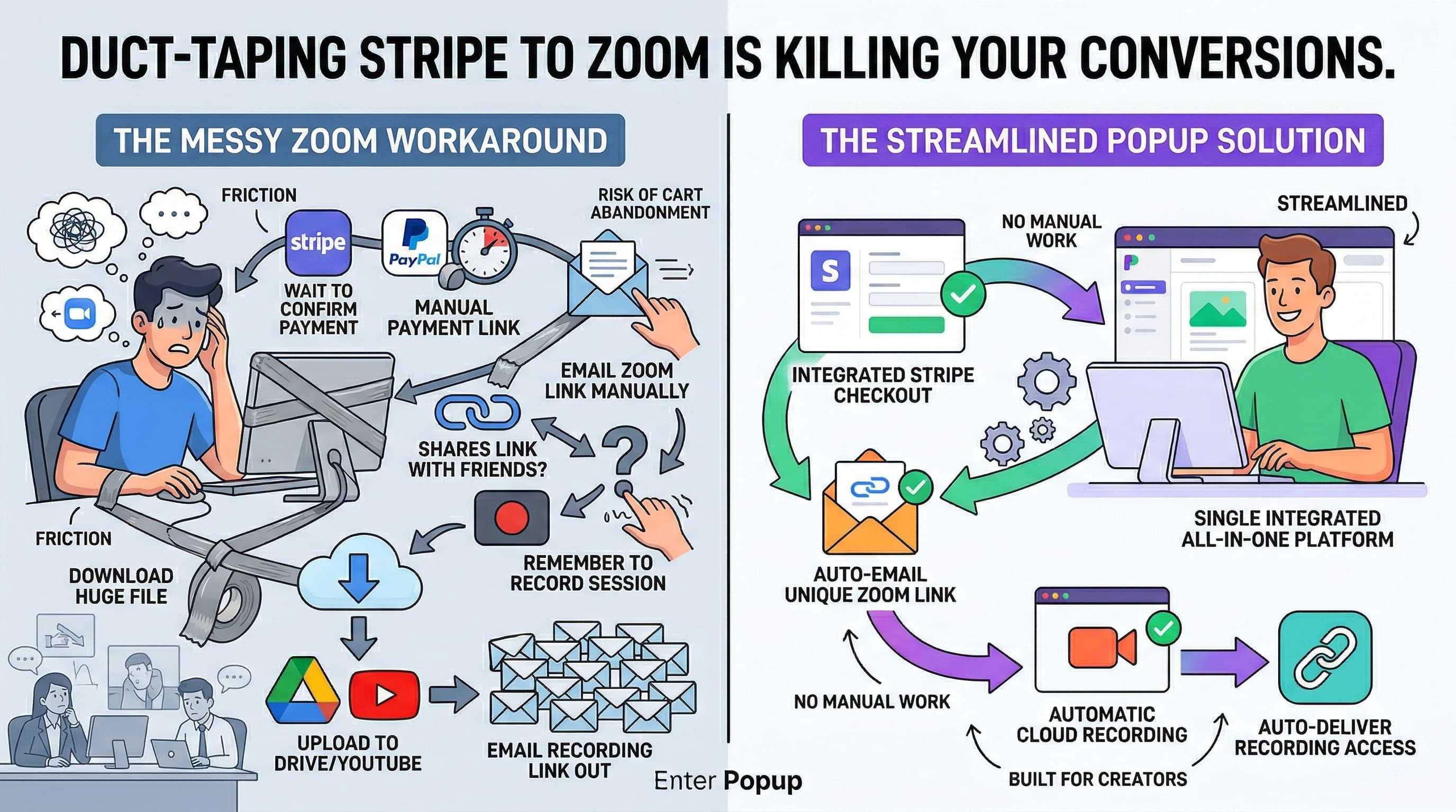 Zoom vs Popup: duct-taped payments and links vs integrated checkout, live room, and replays