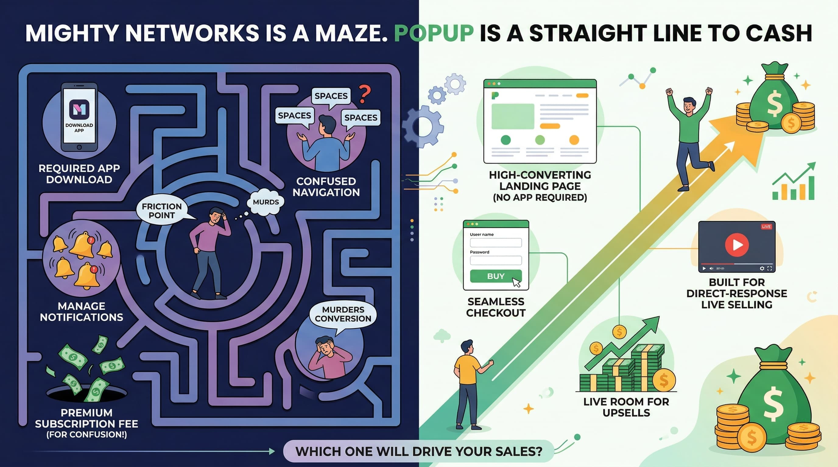 Mighty Networks vs Popup: community apps and friction vs simple live funnels