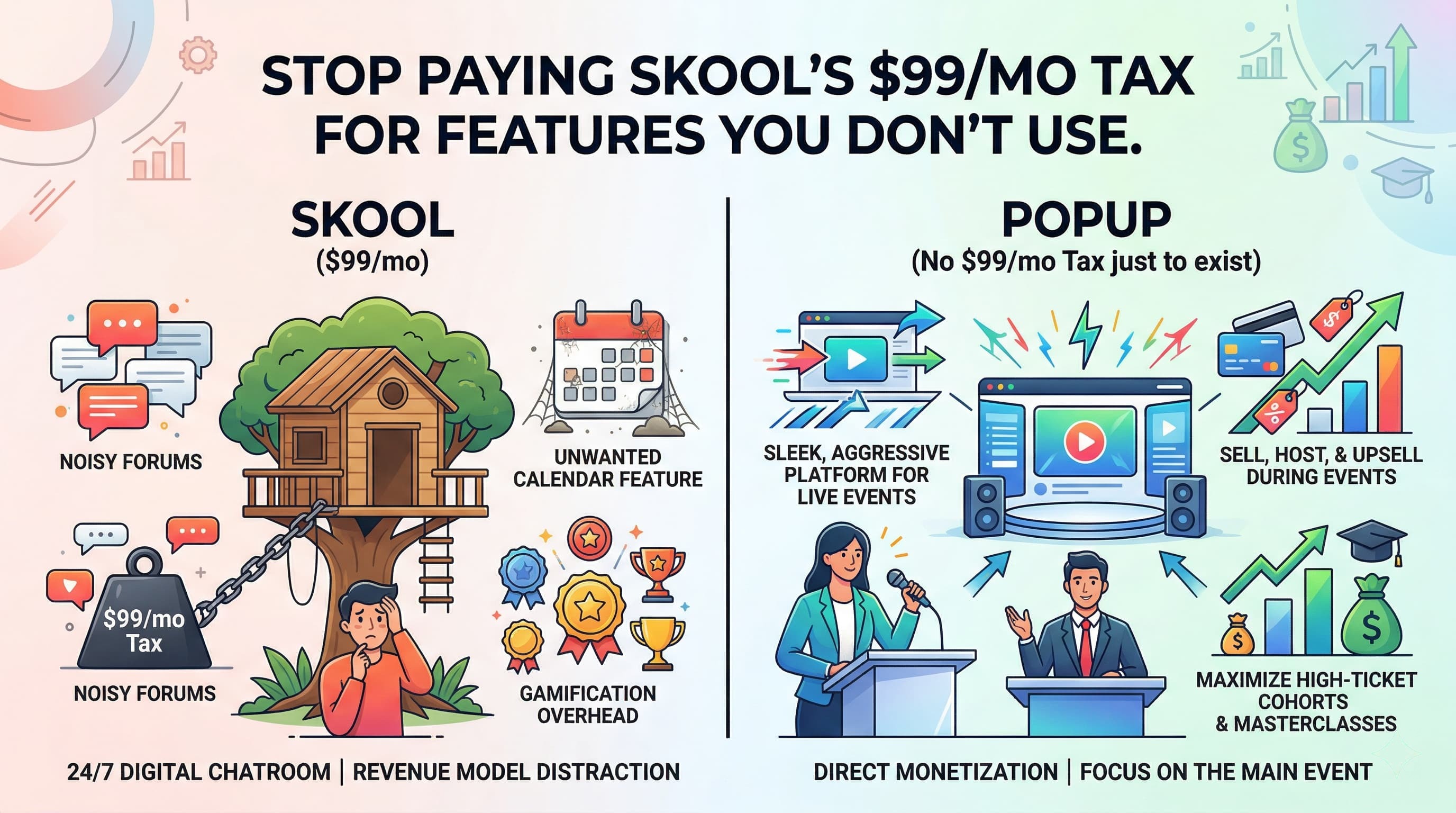 Skool vs Popup: $99/mo community platform vs pay-as-you-grow live events