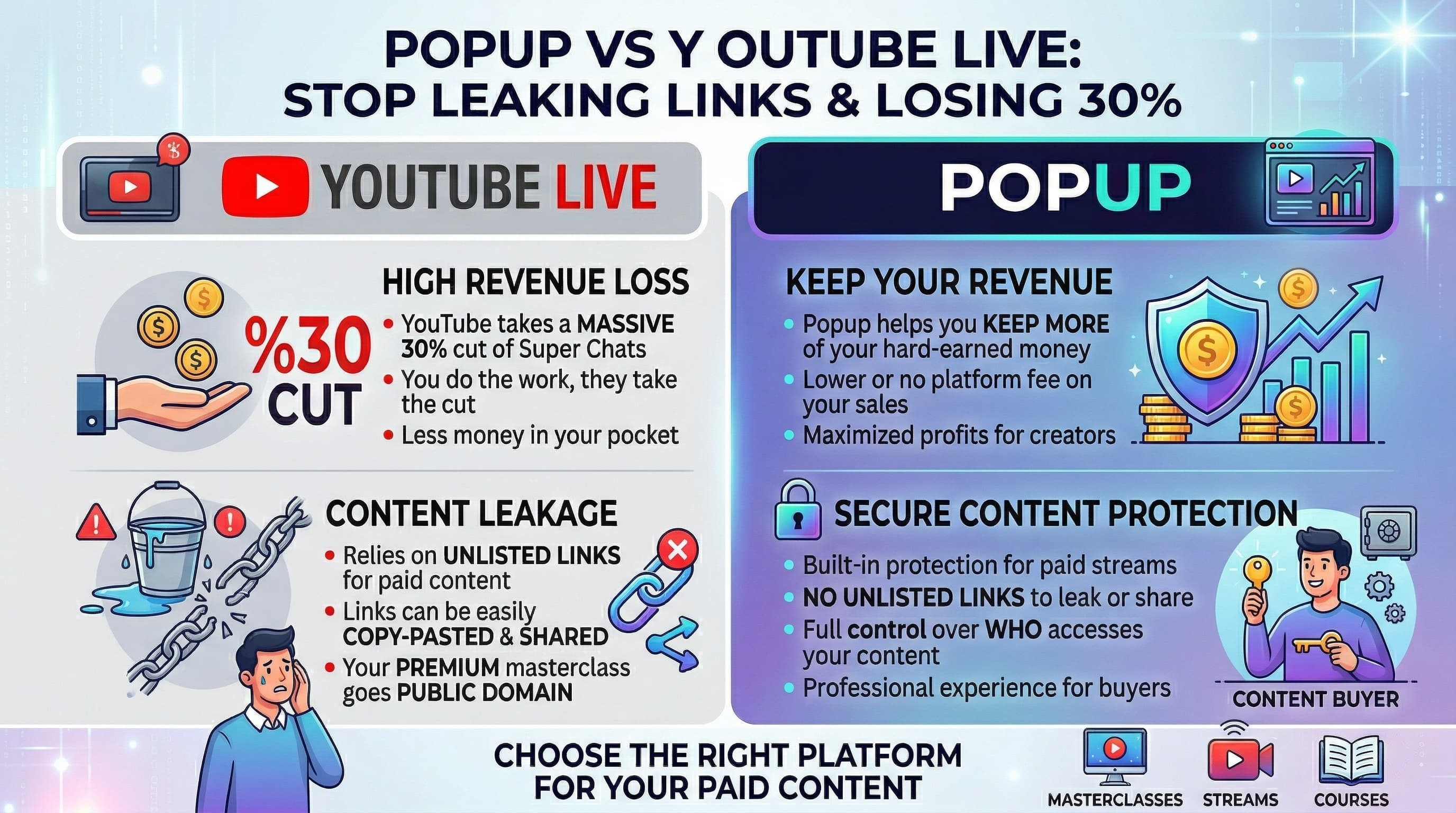 YouTube Live vs Popup: Super Chat cuts and unlisted links vs secure paywalls