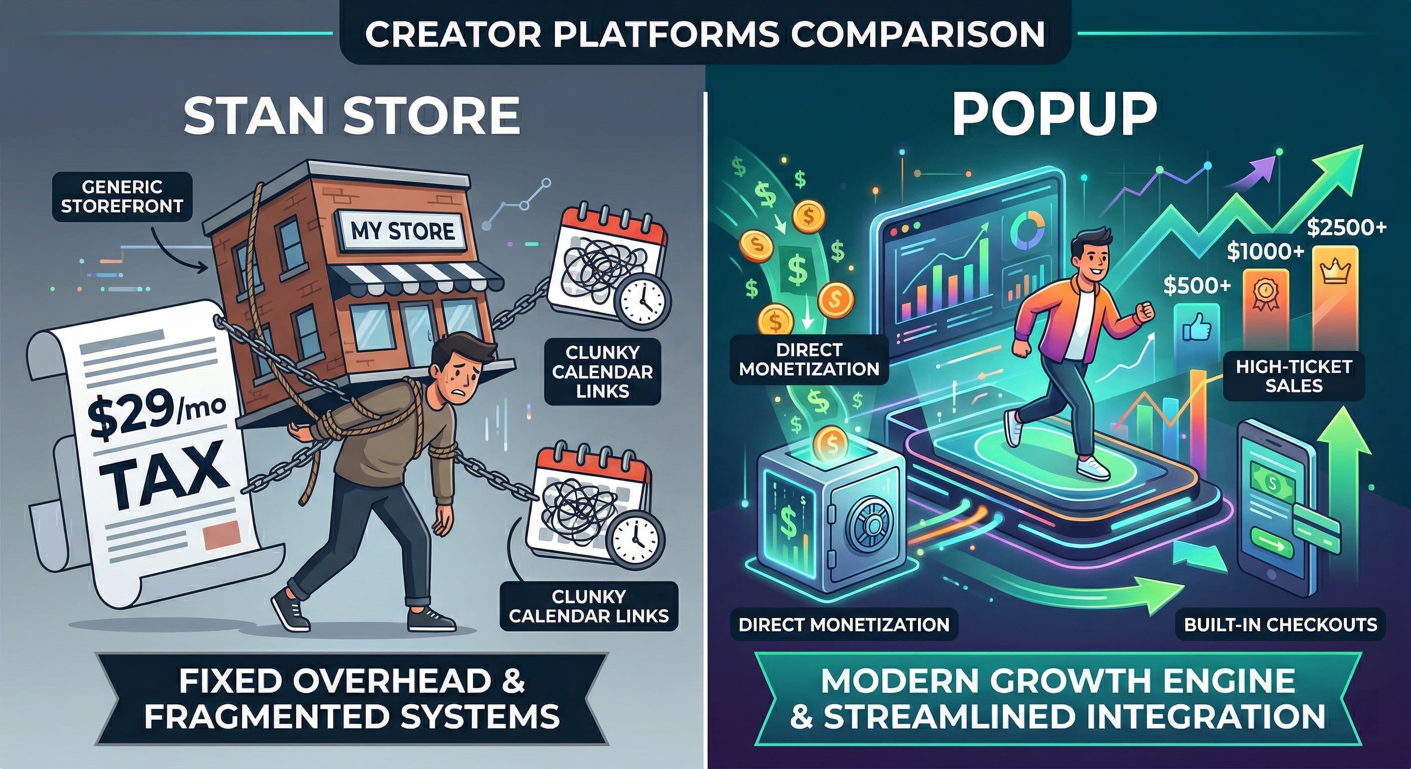 Stan Store vs Popup: monthly creator storefront fees and live hosting compared
