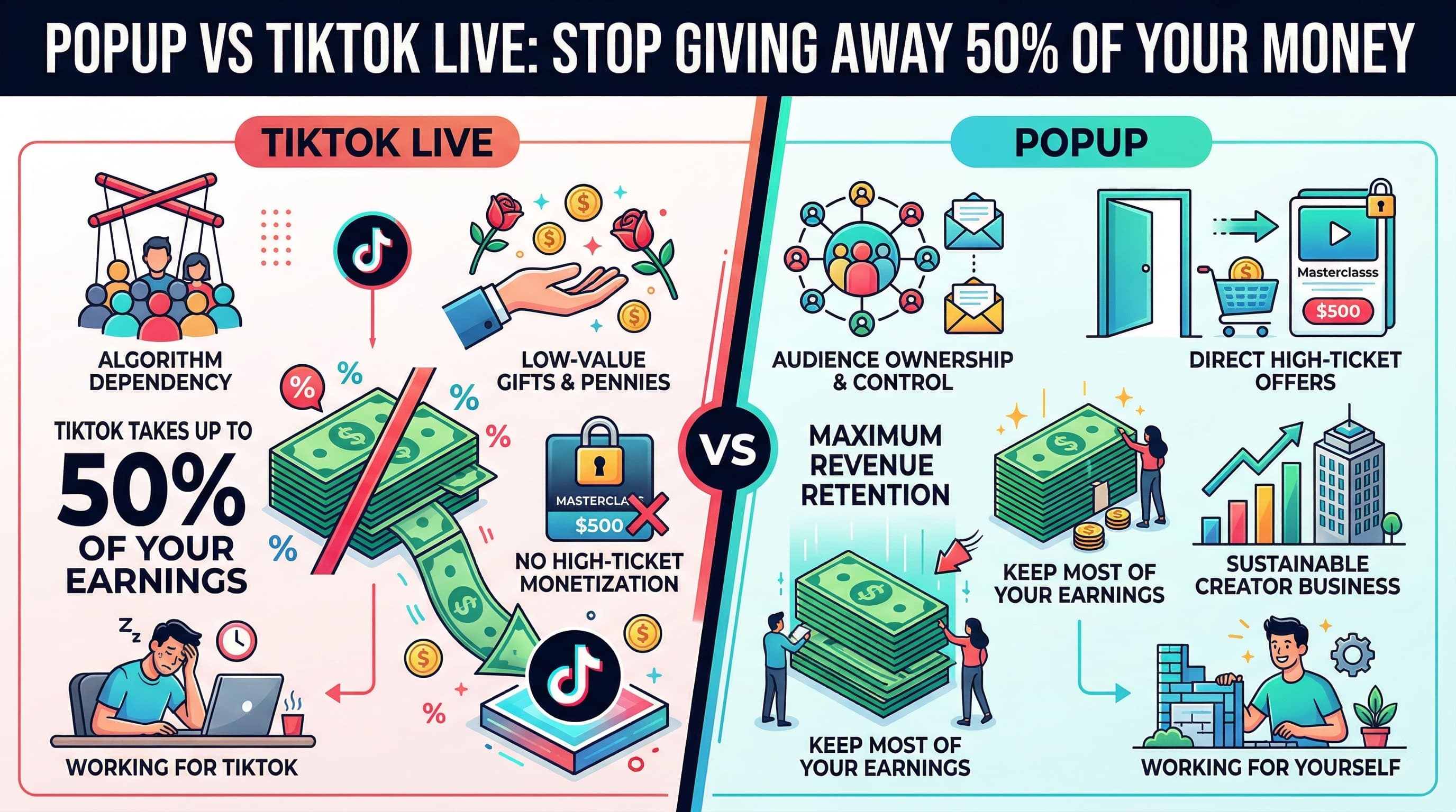 TikTok Live vs Popup: gifts and algorithm reach vs owned gated live revenue