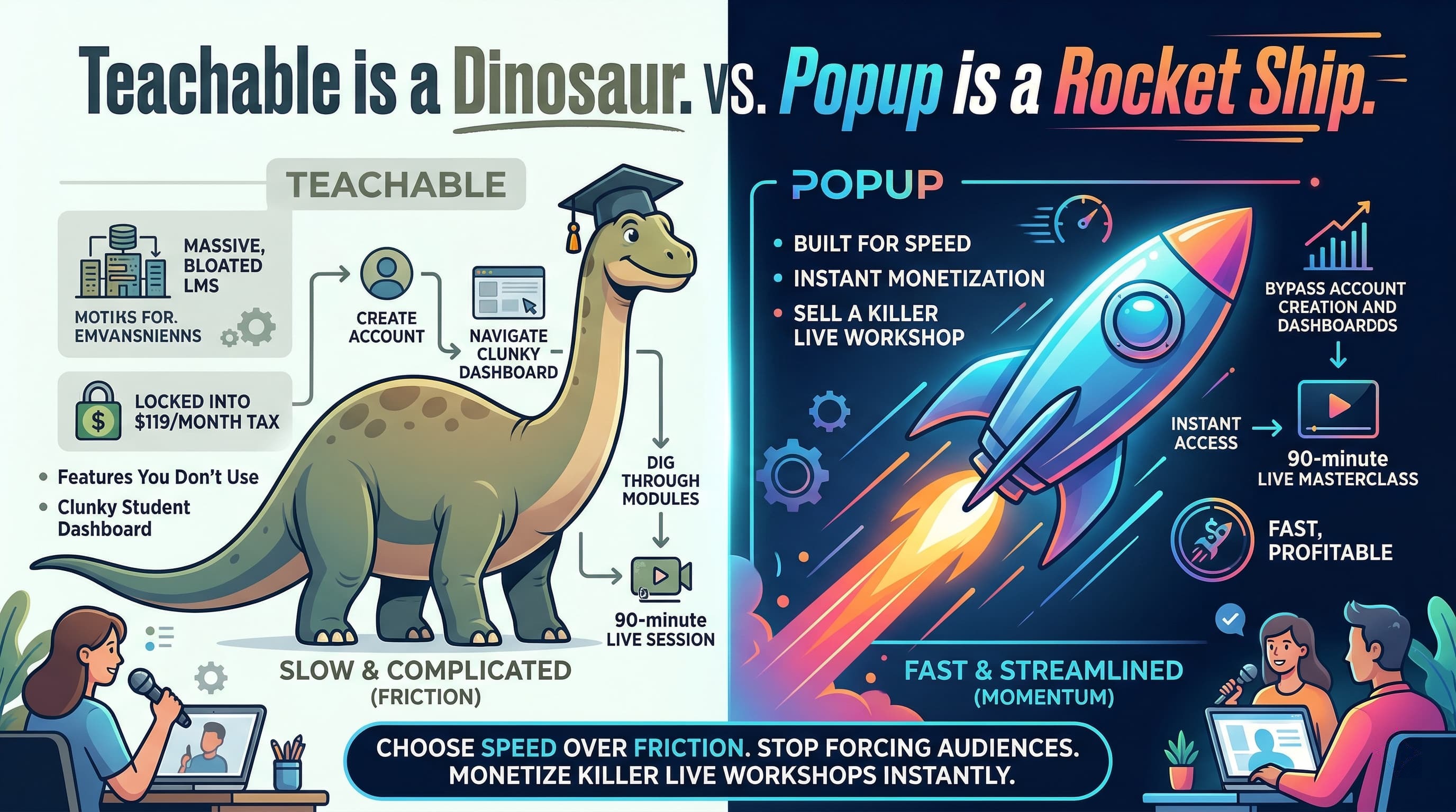 Teachable vs Popup: LMS subscription vs fast paid live classes and cohorts