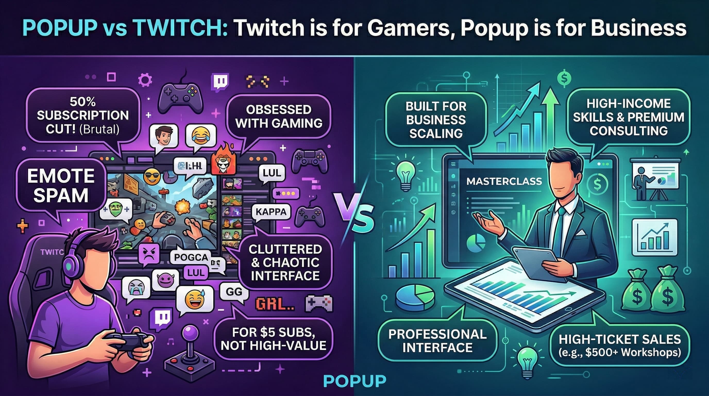 Twitch vs Popup: sub revenue share vs professional paid business livestreams