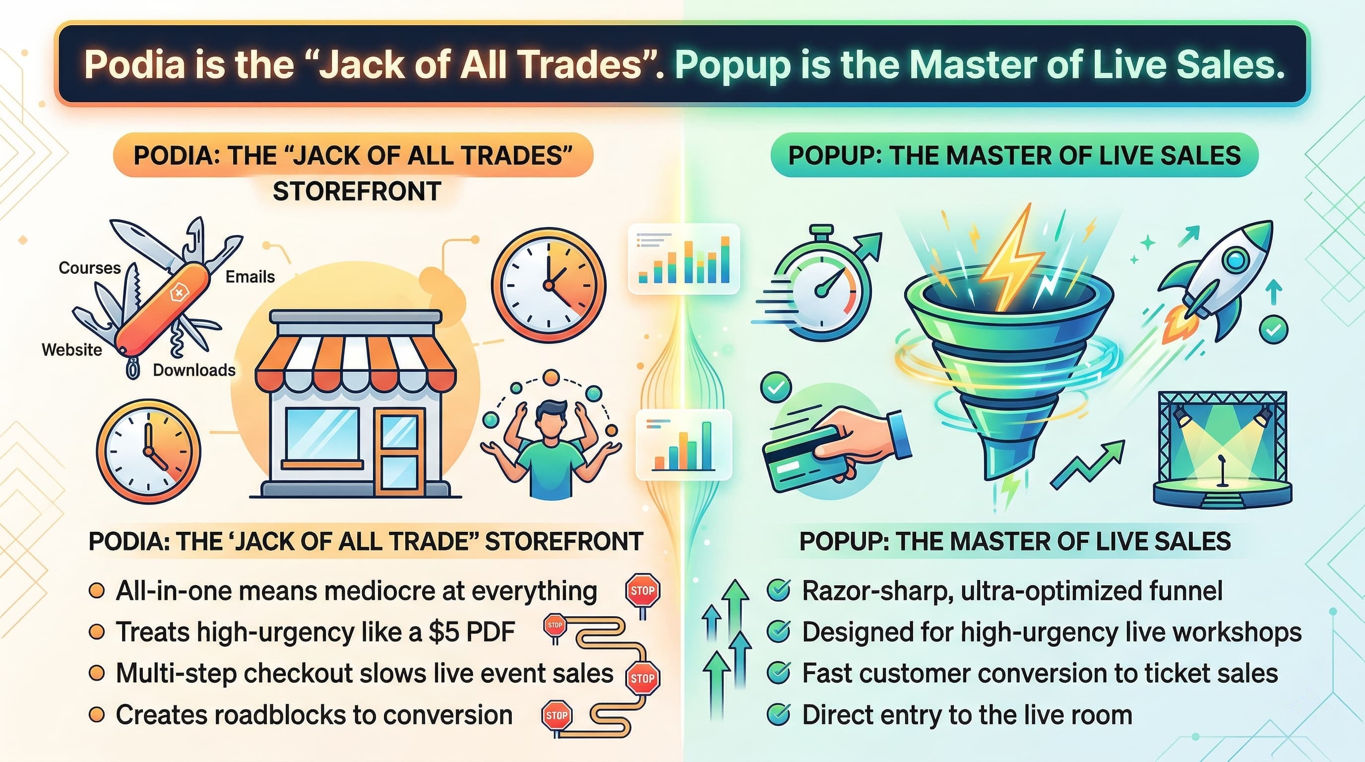 Podia vs Popup: all-in-one storefront checkout vs live-first conversion flow