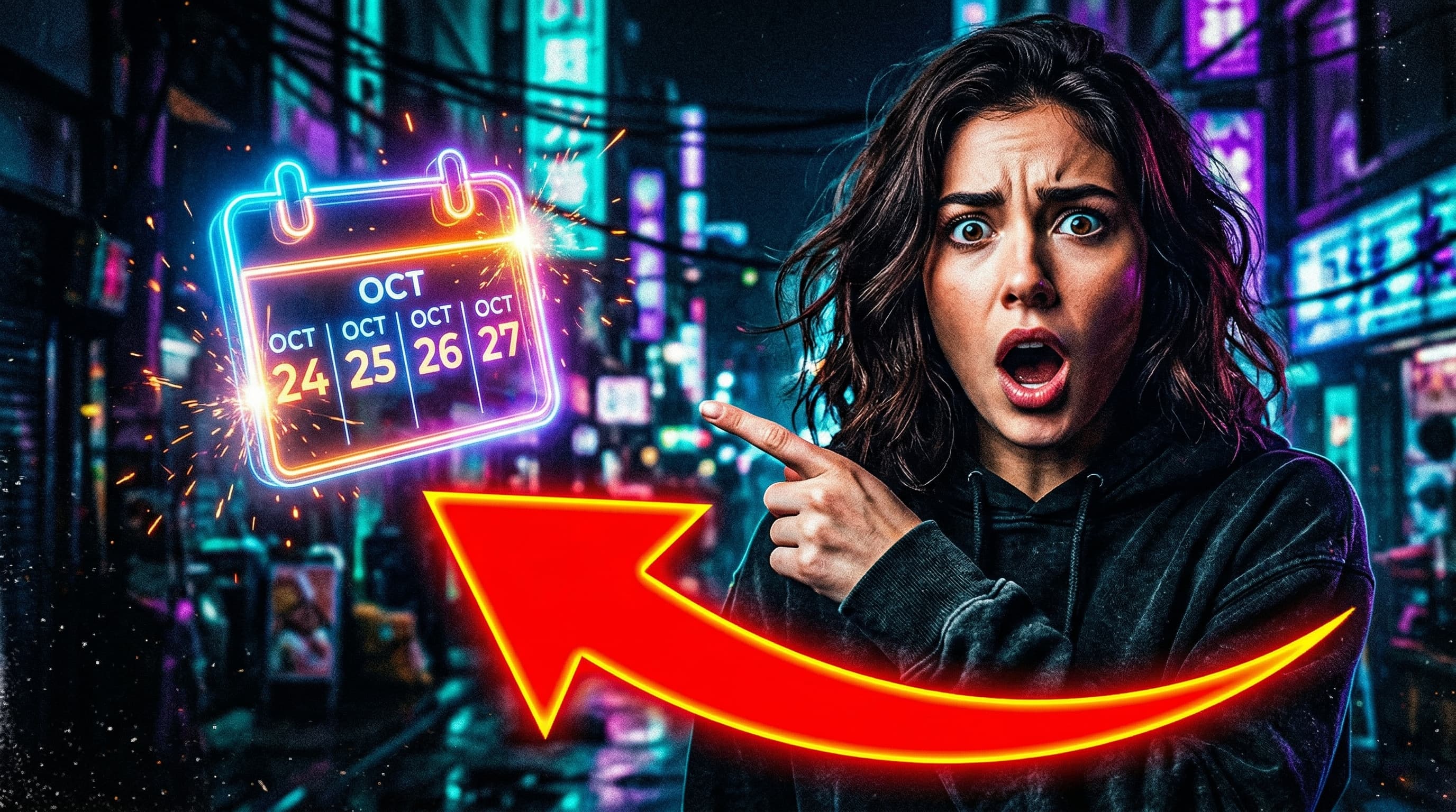 Shocked person pointing at a calendar with a giant red arrow