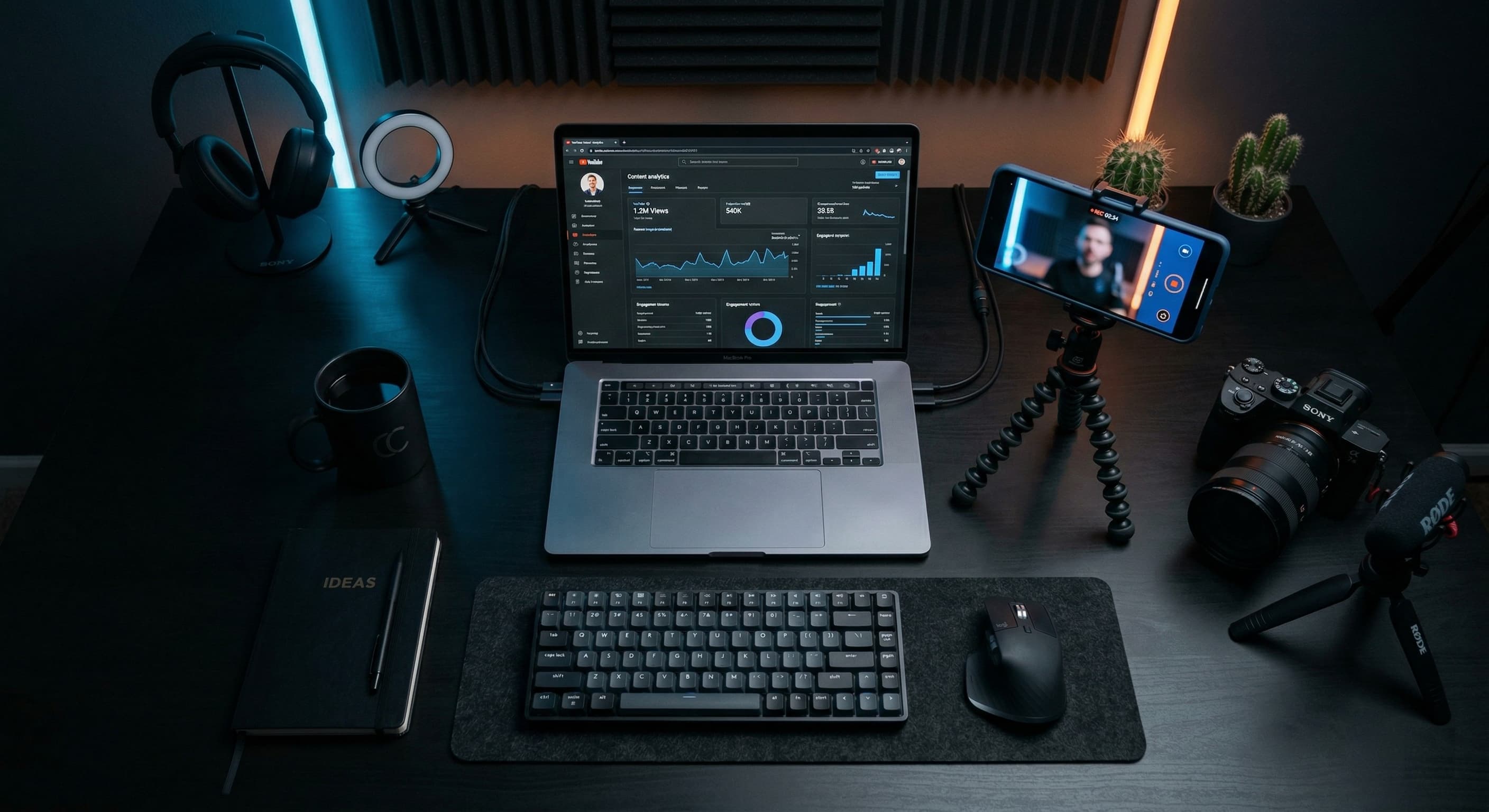 A sleek, modern desk setup showcasing essential content creator tools for video and audio production.