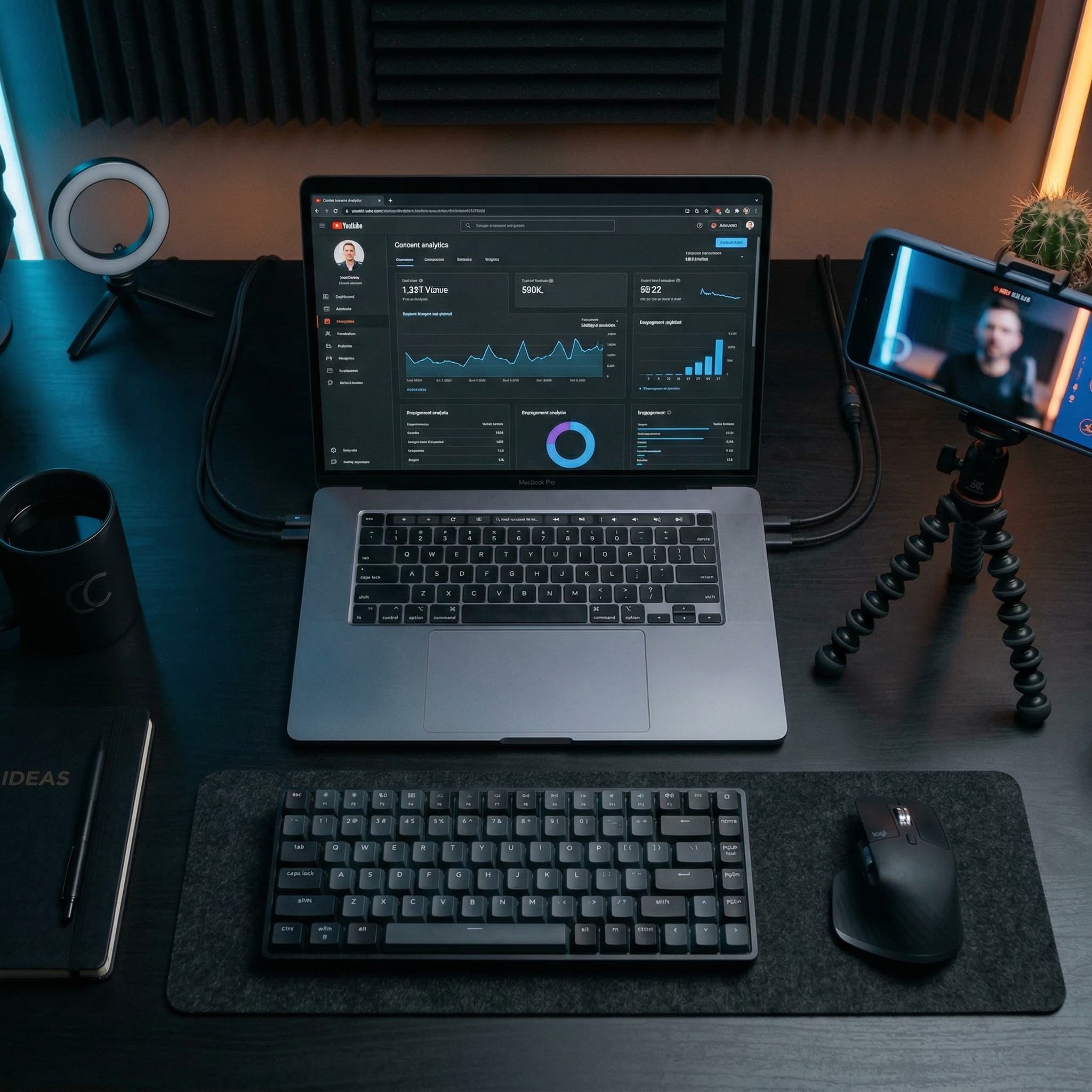 A sleek, modern desk setup showcasing essential content creator tools for video and audio production.