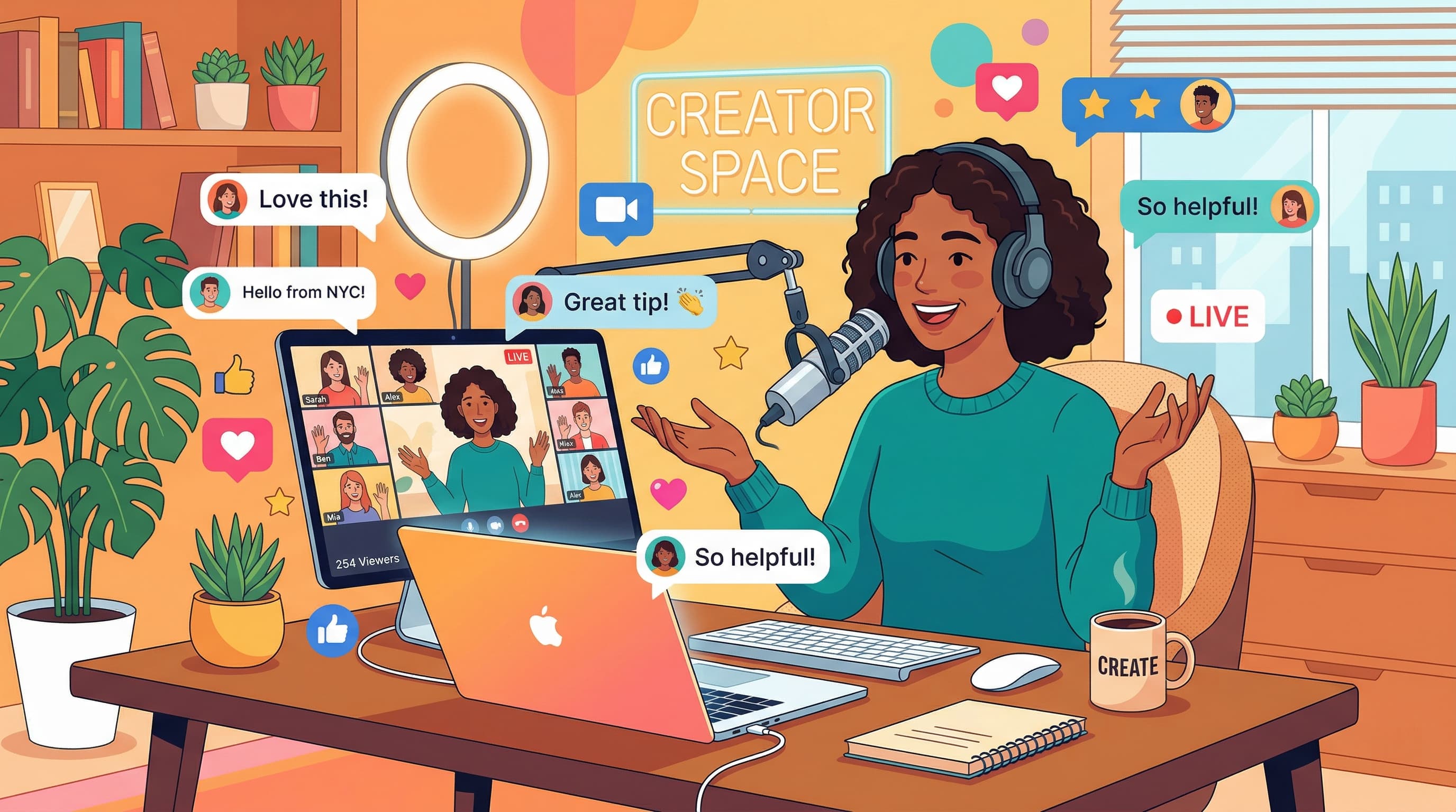 Blog cover illustration for Blogger Zoom Guide showing a creator using live video and a professional microphone to connect with their community