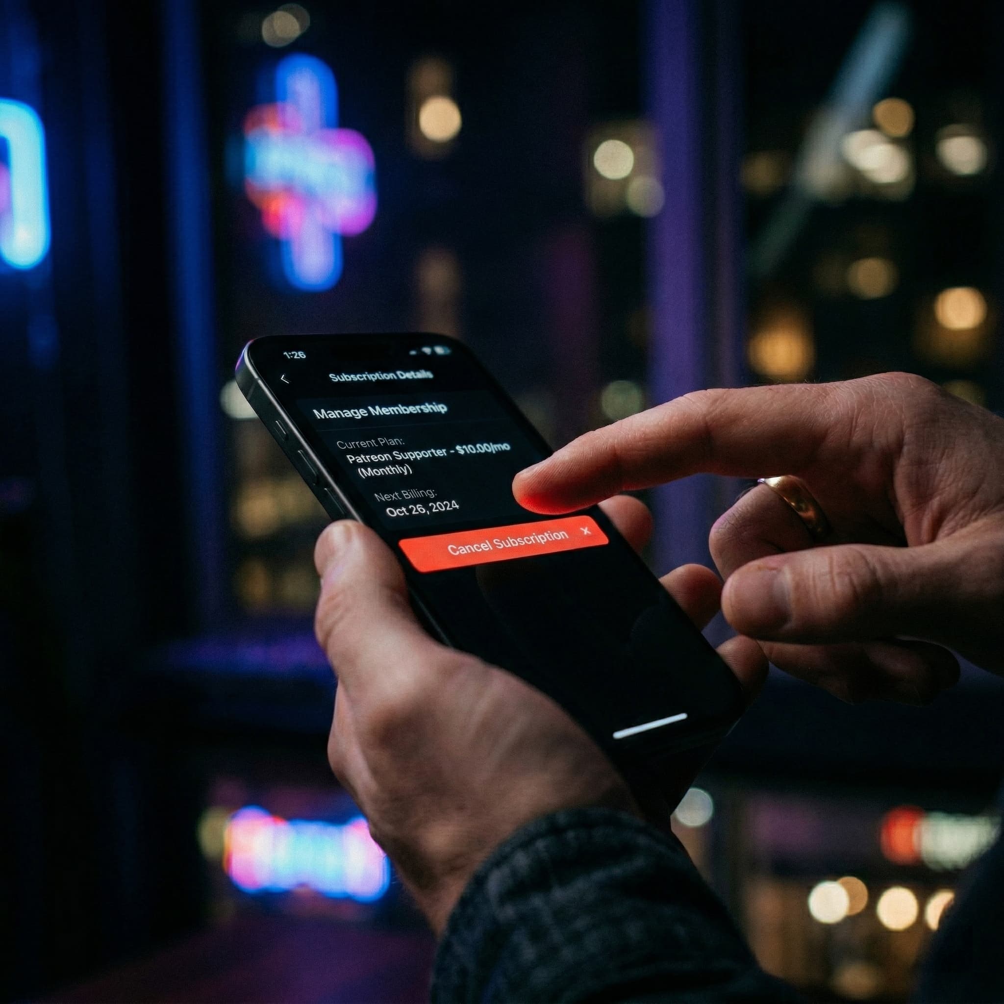 A person cancelling a subscription on a smartphone, representing the process to cancel Patreon.