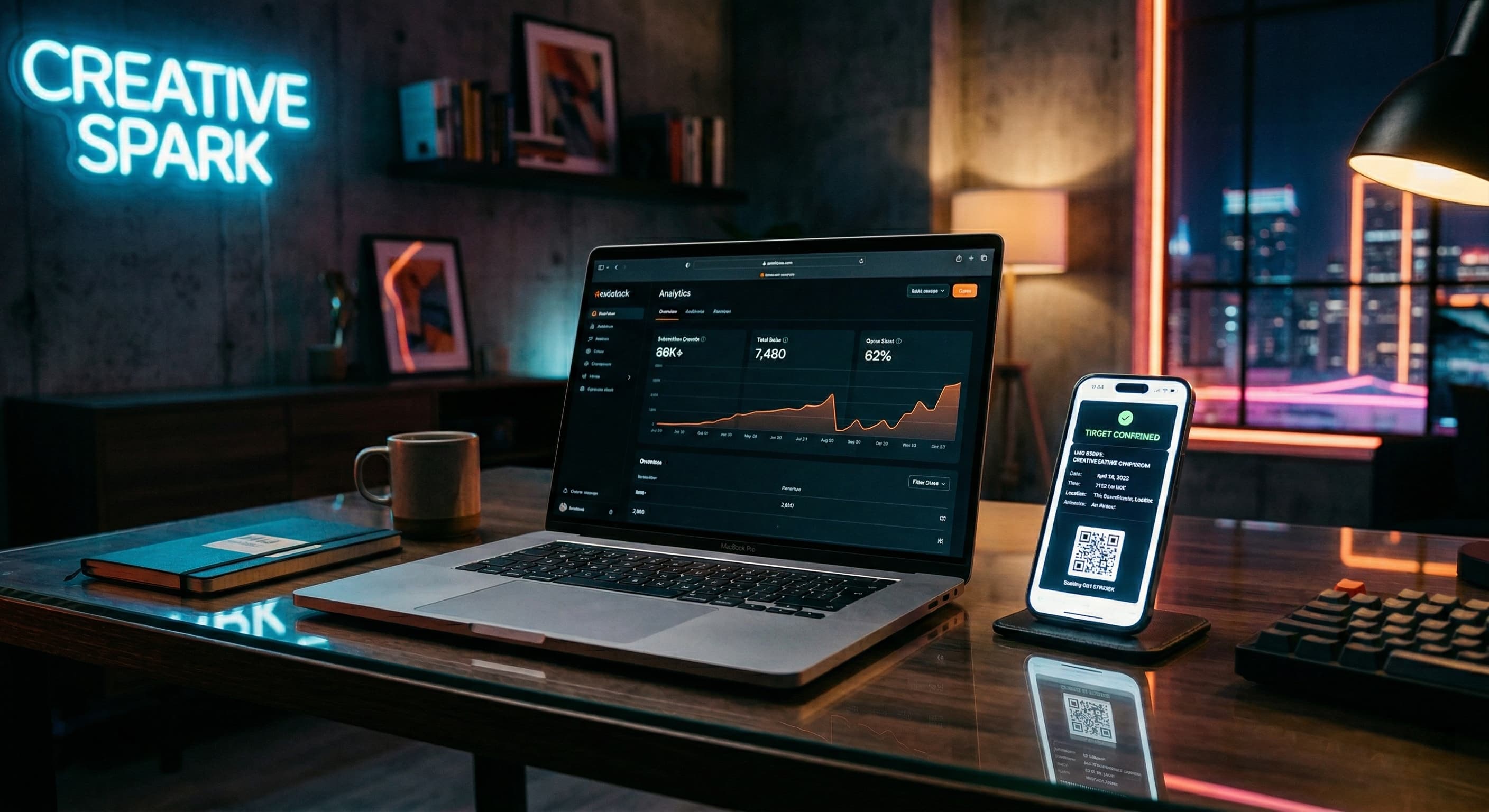 A laptop showing Substack analytics next to a smartphone processing a live event ticket.