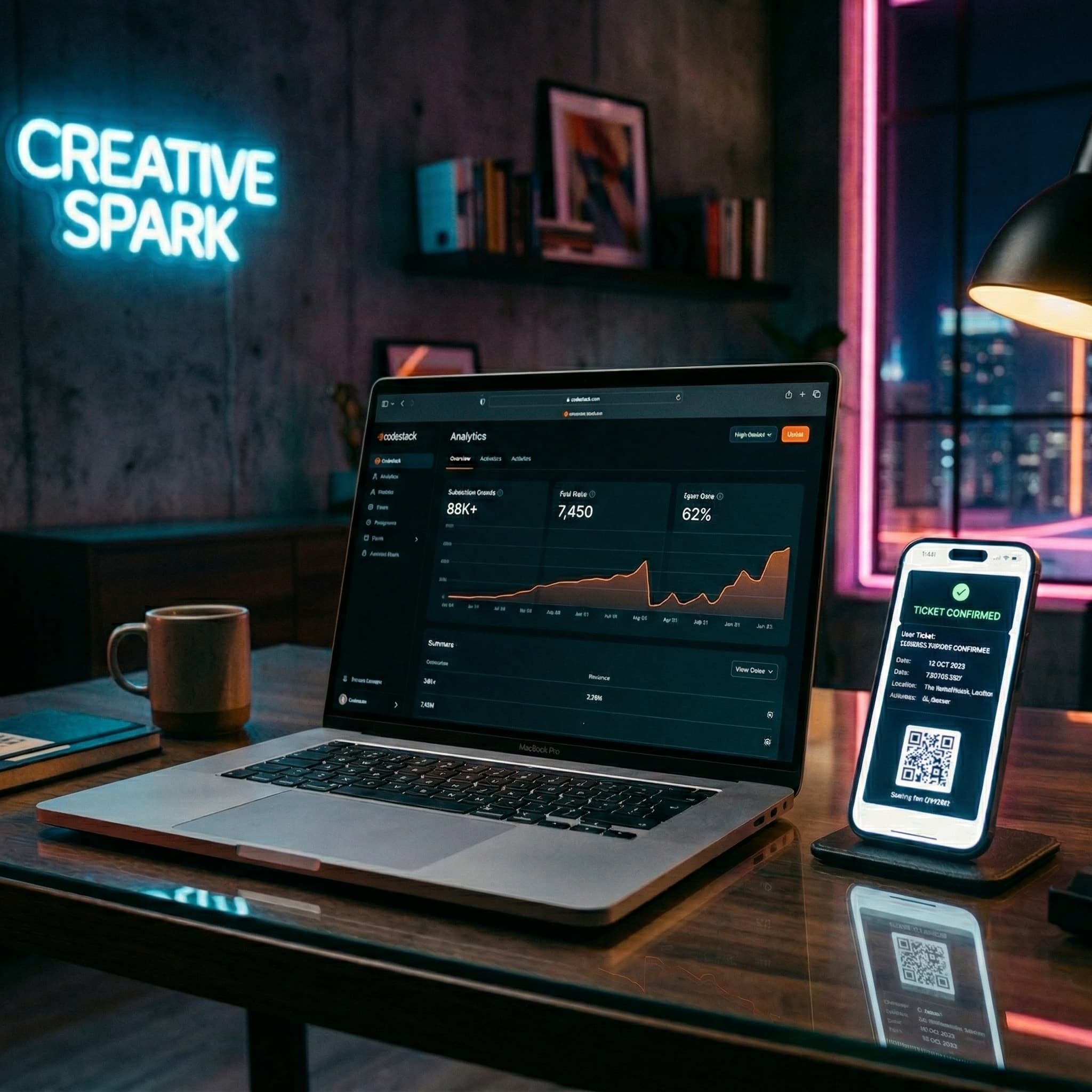 A laptop showing Substack analytics next to a smartphone processing a live event ticket.