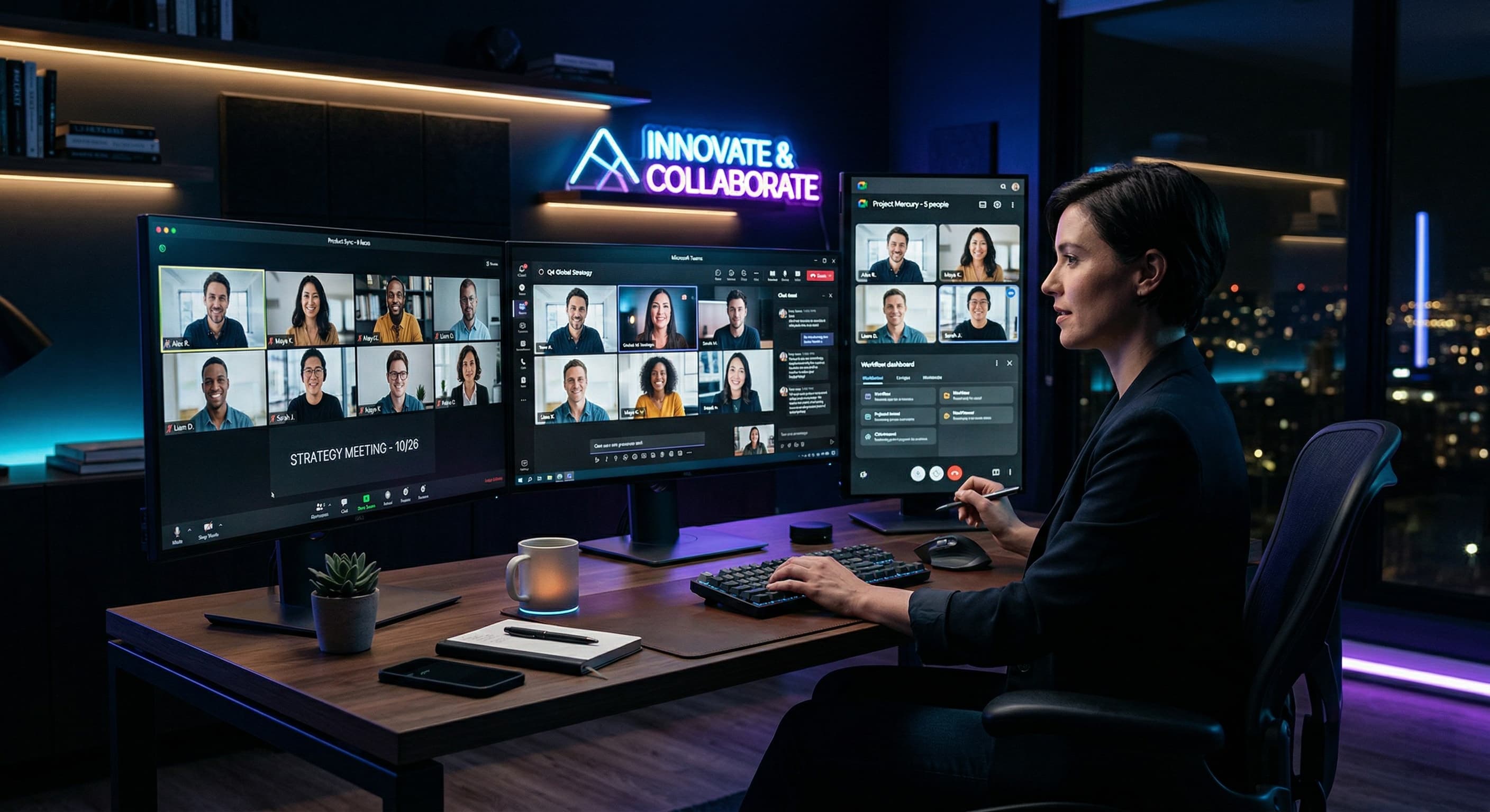 Multiple screens displaying Zoom competitors and video conferencing platforms on a sleek desk.