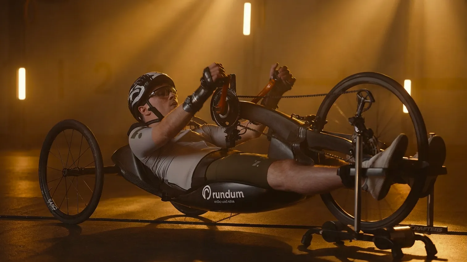 Athlète Jonas Bell pilotant un tricycle noir.