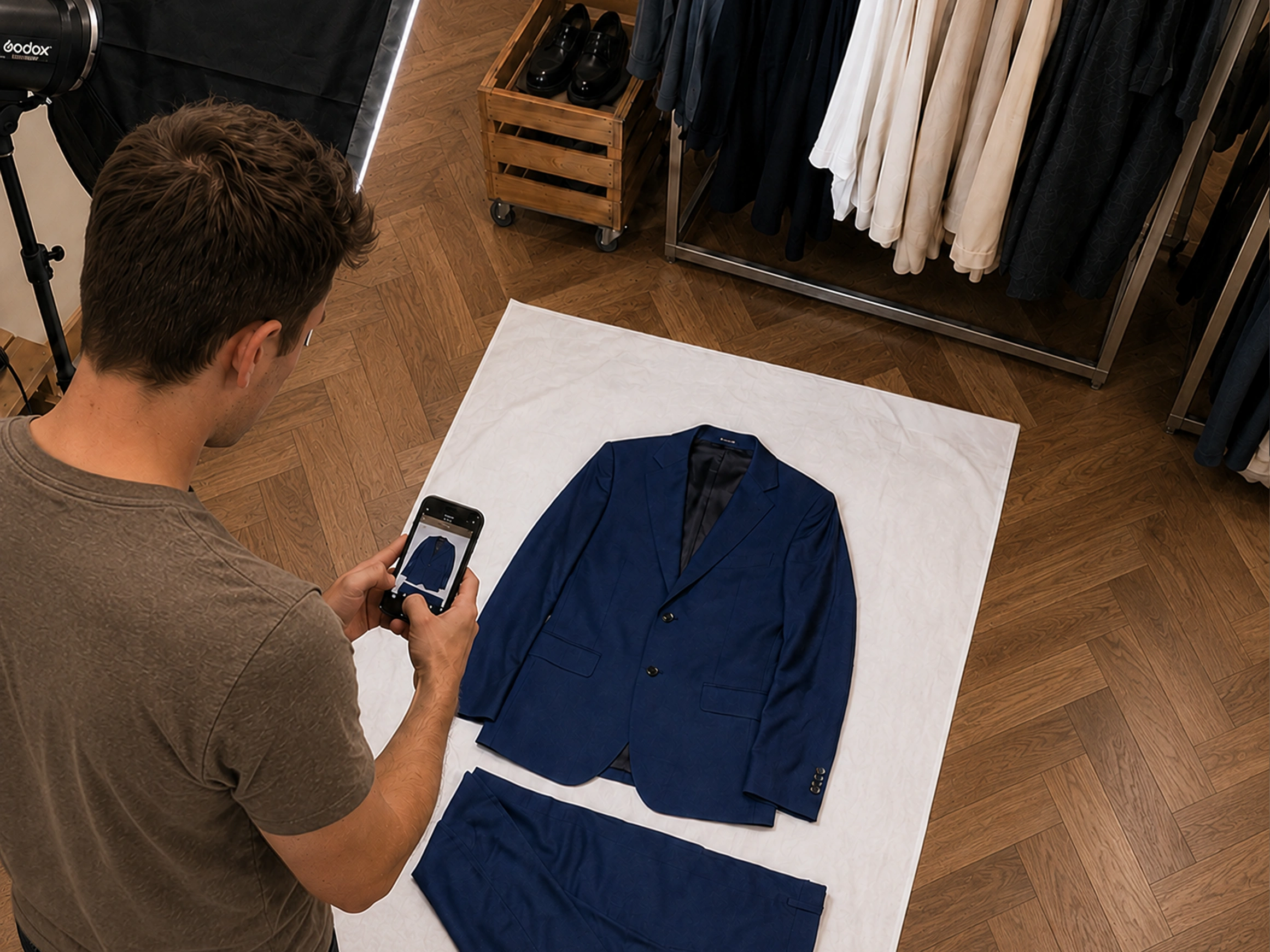 Employee capturing a garment with the Dazzl app under a simple light