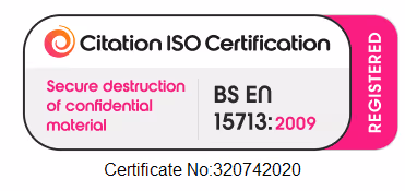 ISO certification badge indicating secure destruction of confidential material, registered under number 320742020.
