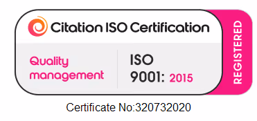 Certificate showing ISO 9001:2015 Quality Management certification with registration details.
