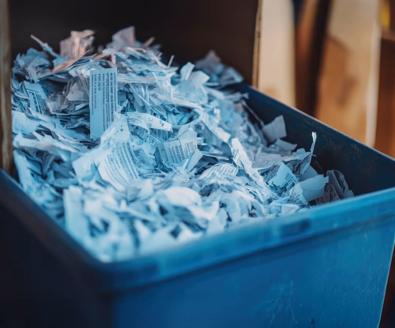 A blue bin filled with shredded paper pieces.
