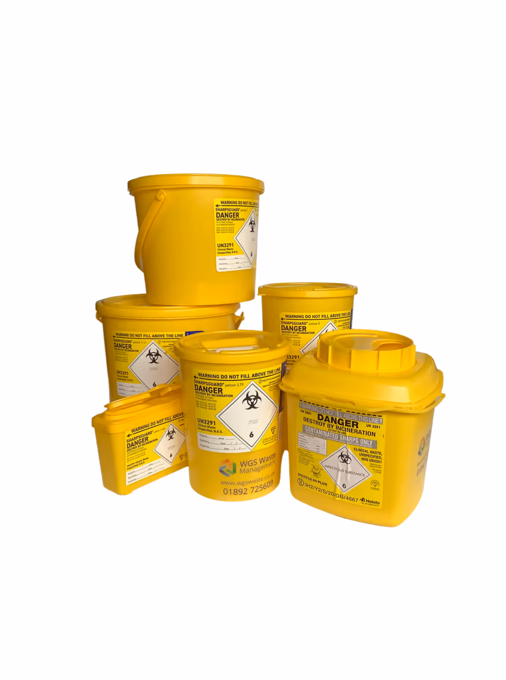 Several yellow hazardous waste containers with warning labels stacked on top of each other.