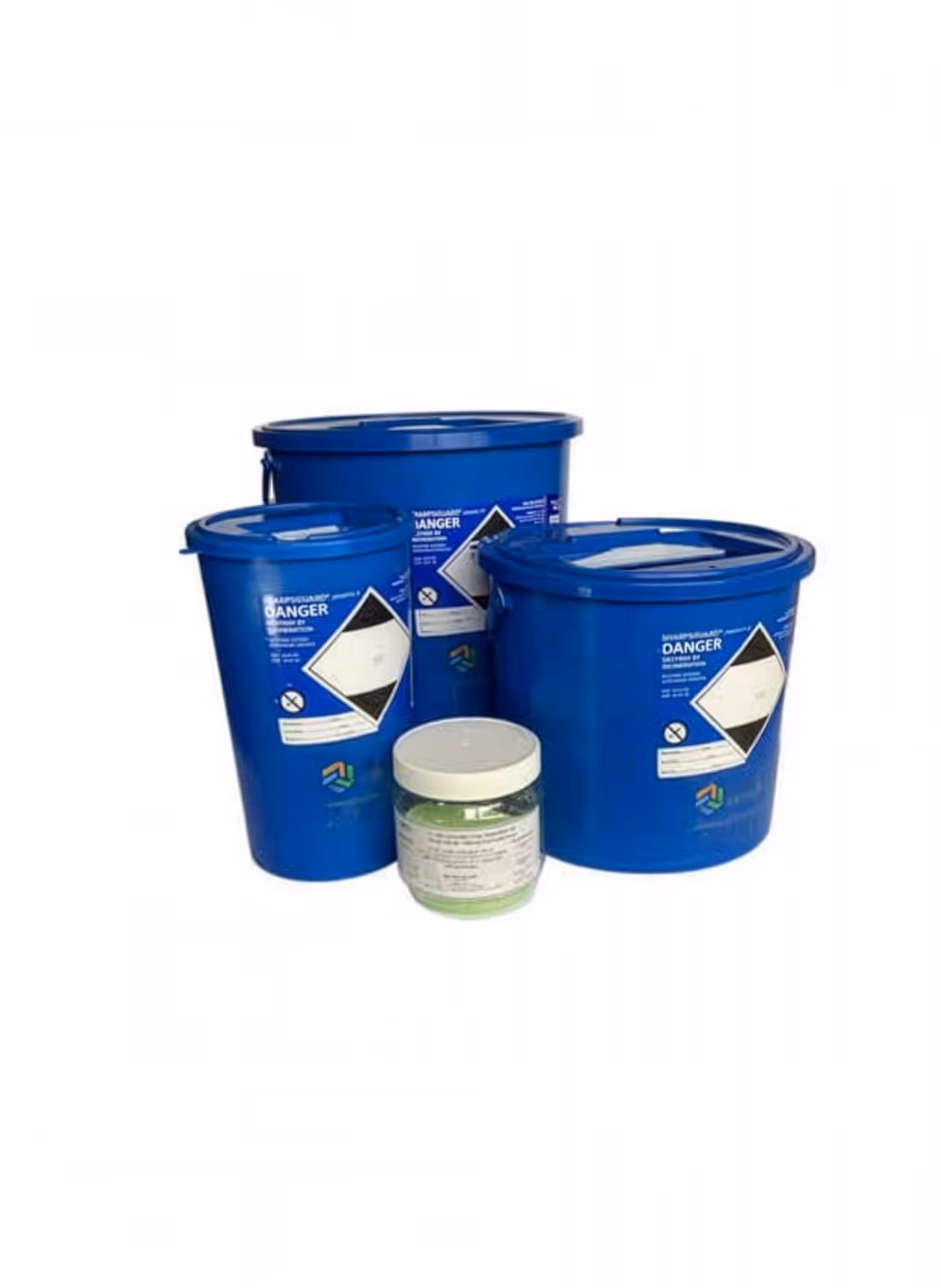 Three large blue chemical containers and one small white jar are grouped together.