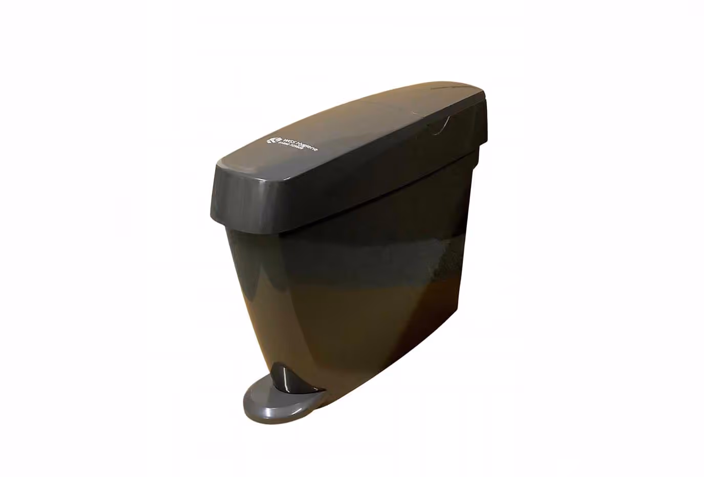 A black, pedal-operated waste bin with a closed lid.
