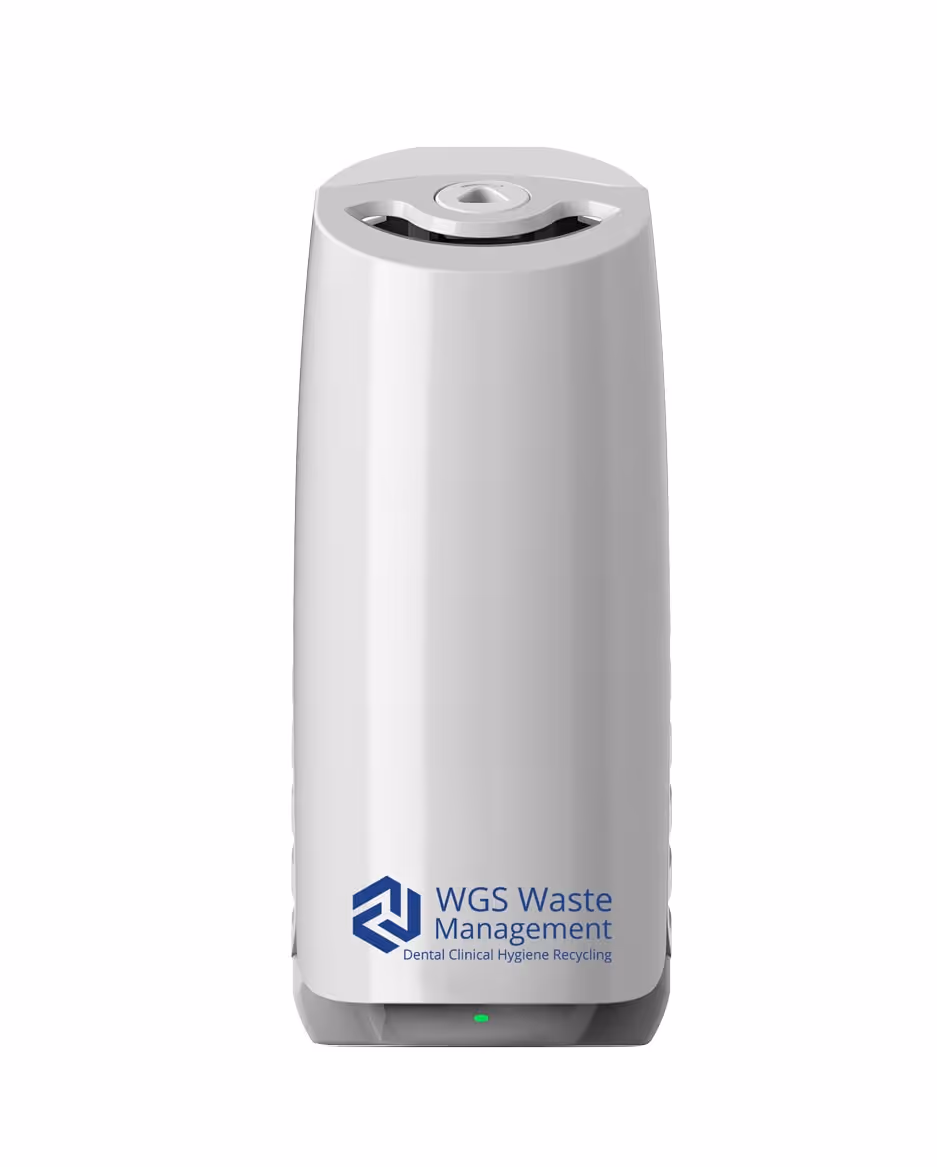 A white recycling bin labeled "WGS Waste Management" designed for dental clinical hygiene.